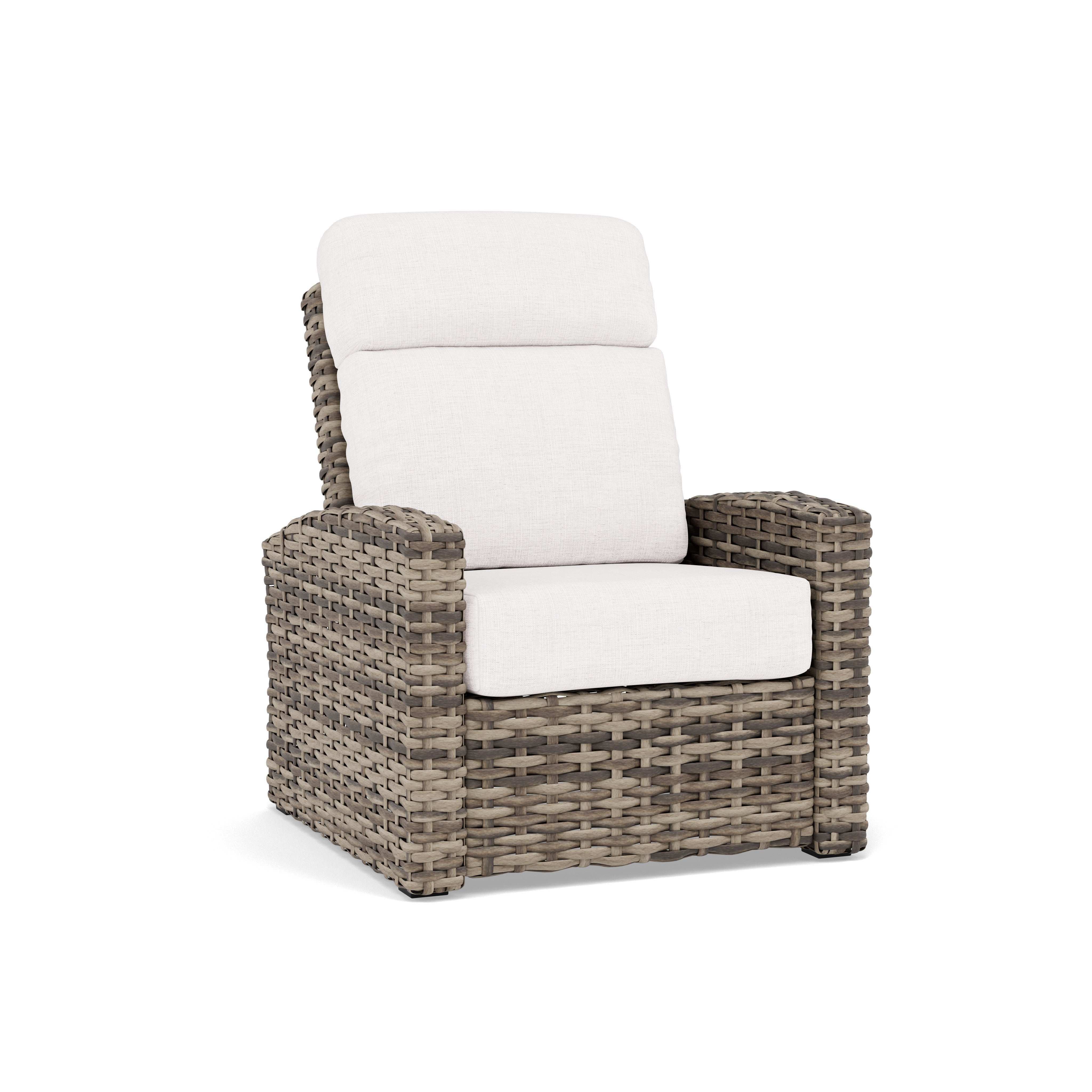 Wicker outdoor recliner chair with light beige cushions.