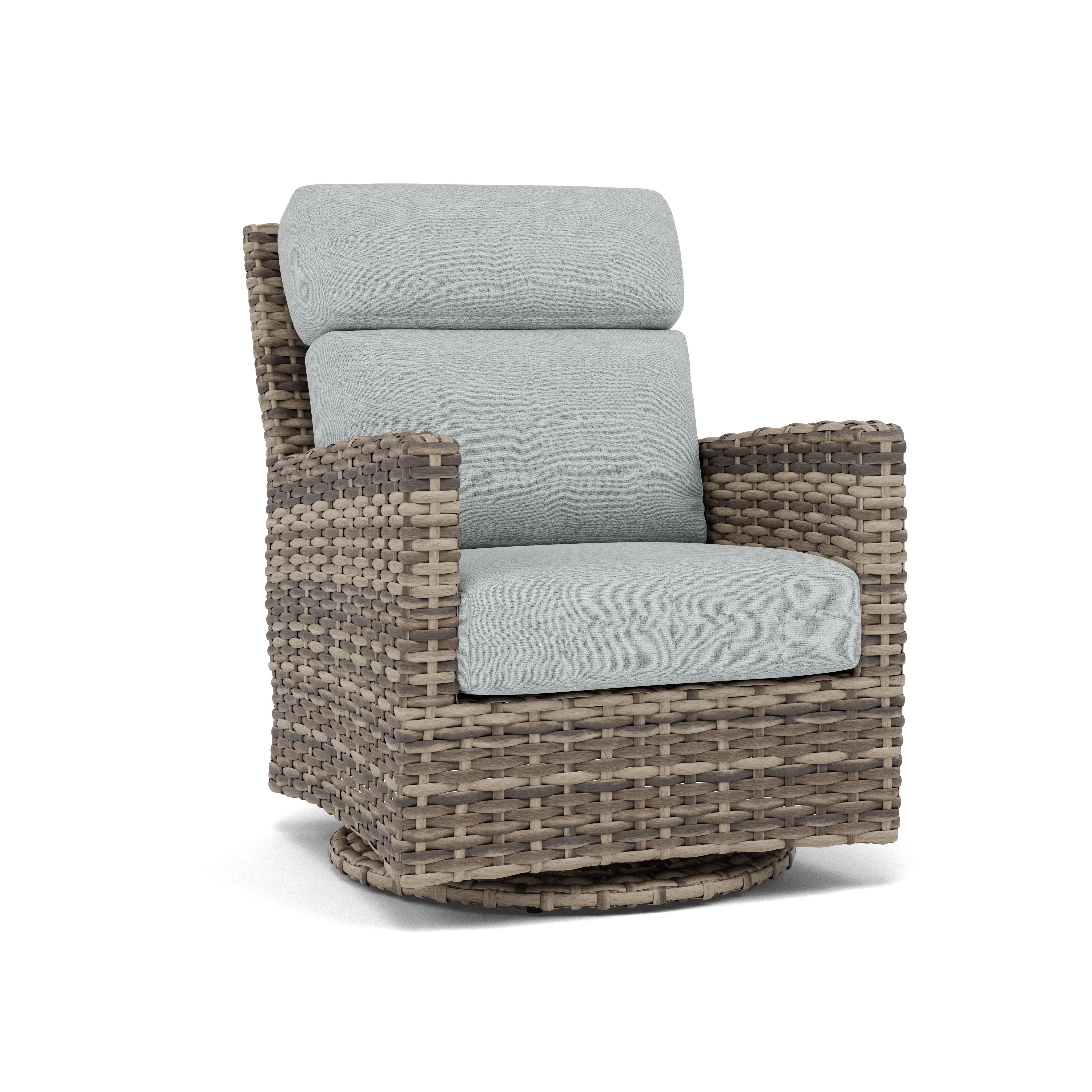 Woven outdoor swivel lounge chair with light gray cushions