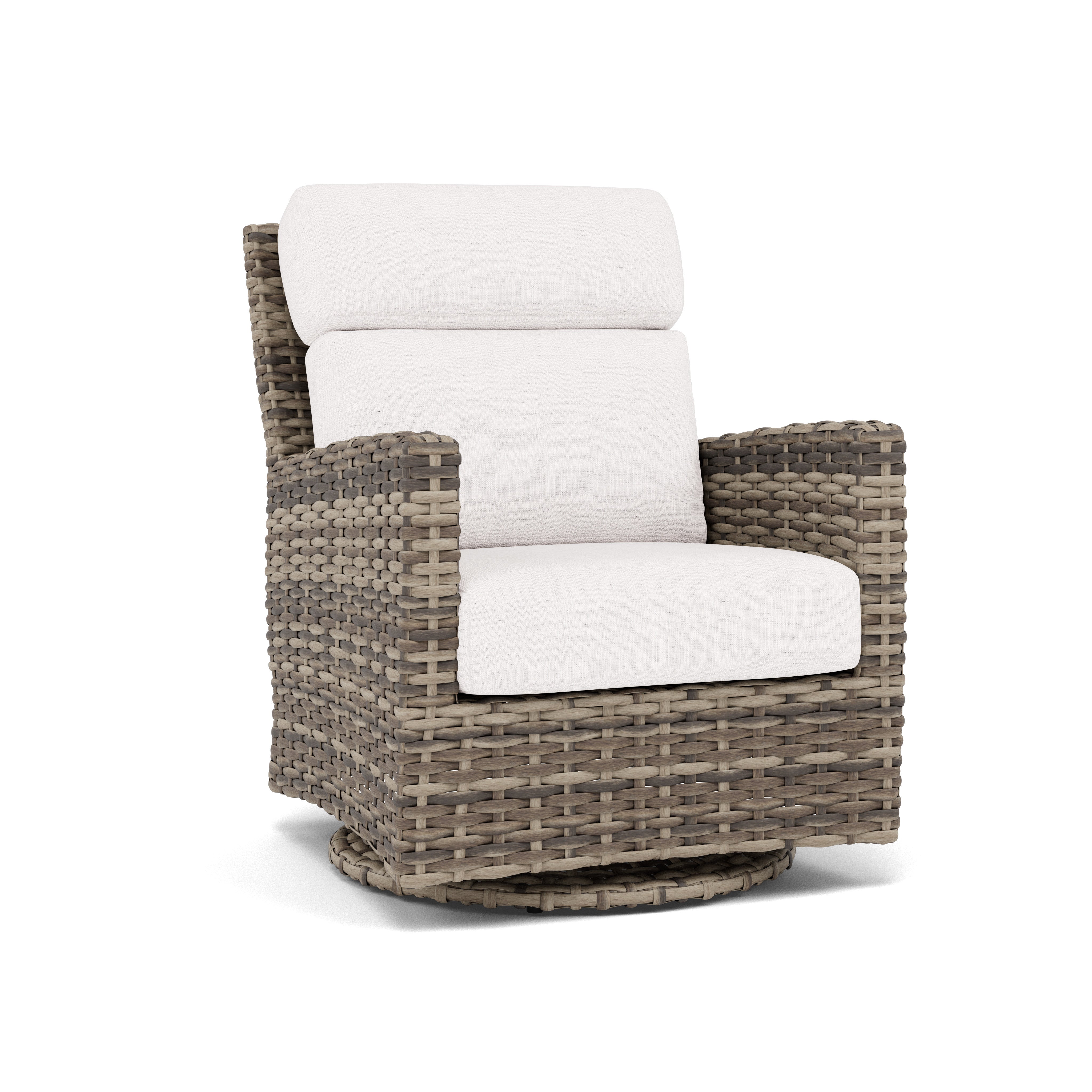 Woven outdoor swivel chair with beige cushions