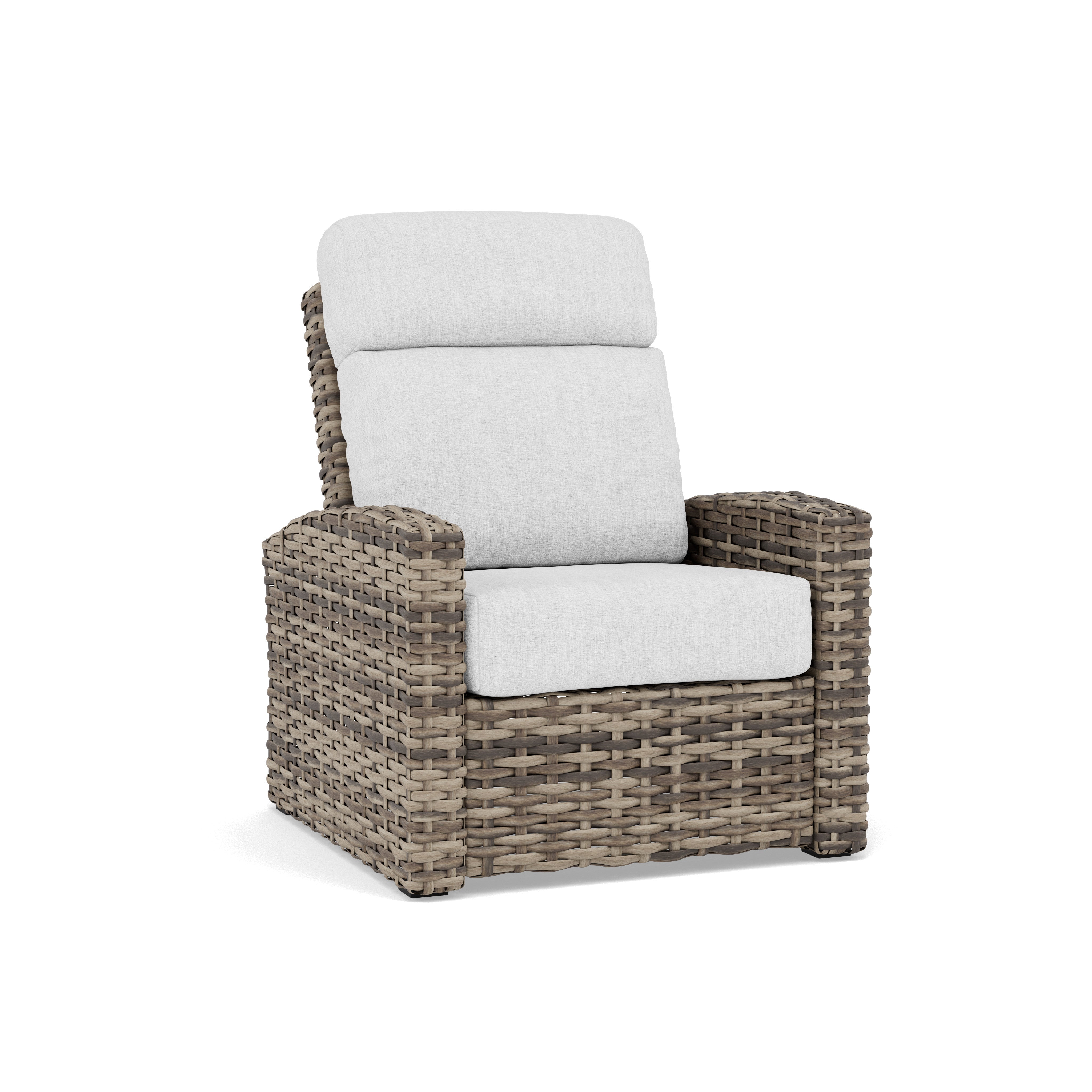Woven wicker outdoor recliner with light gray cushions.