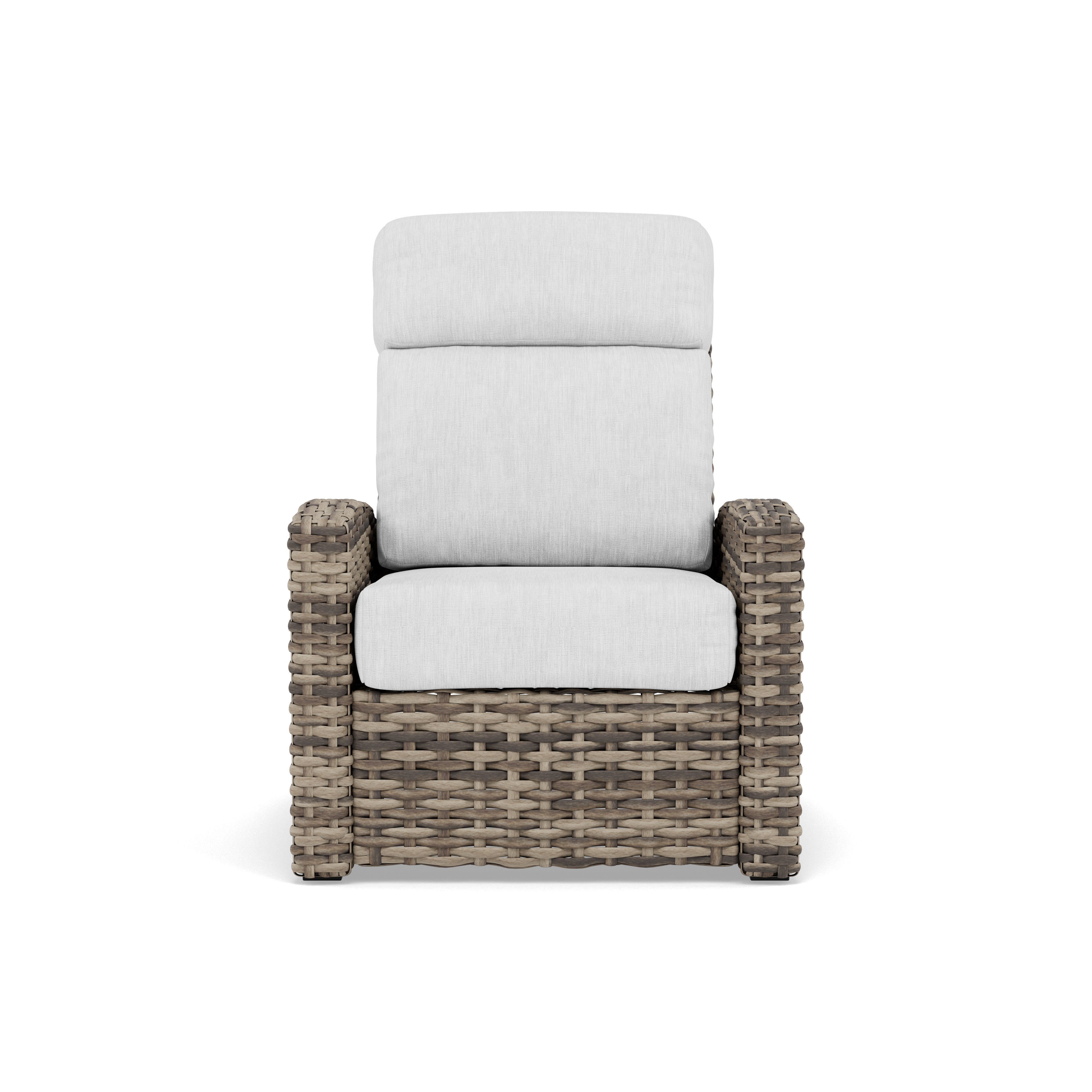 Wicker armchair with light gray cushions, front view.