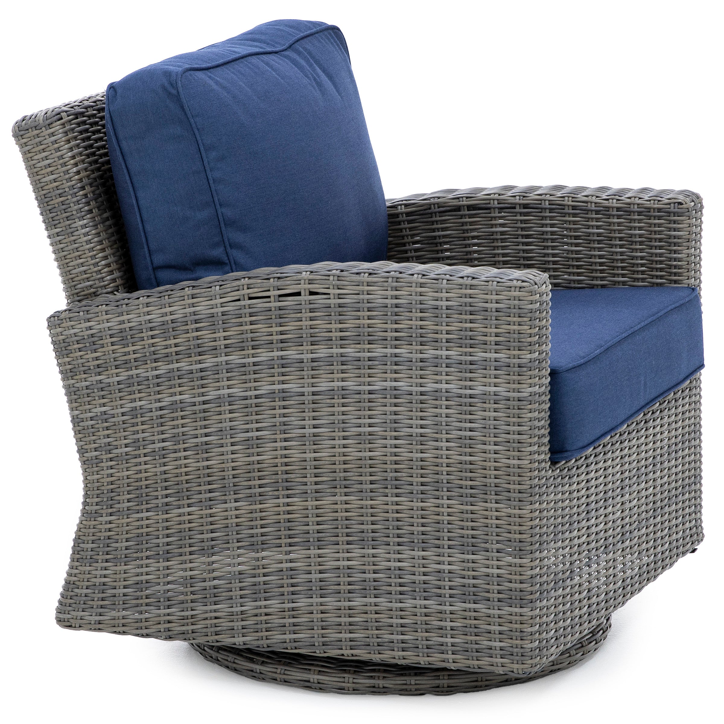 Gray wicker outdoor swivel chair with blue cushions, side view.