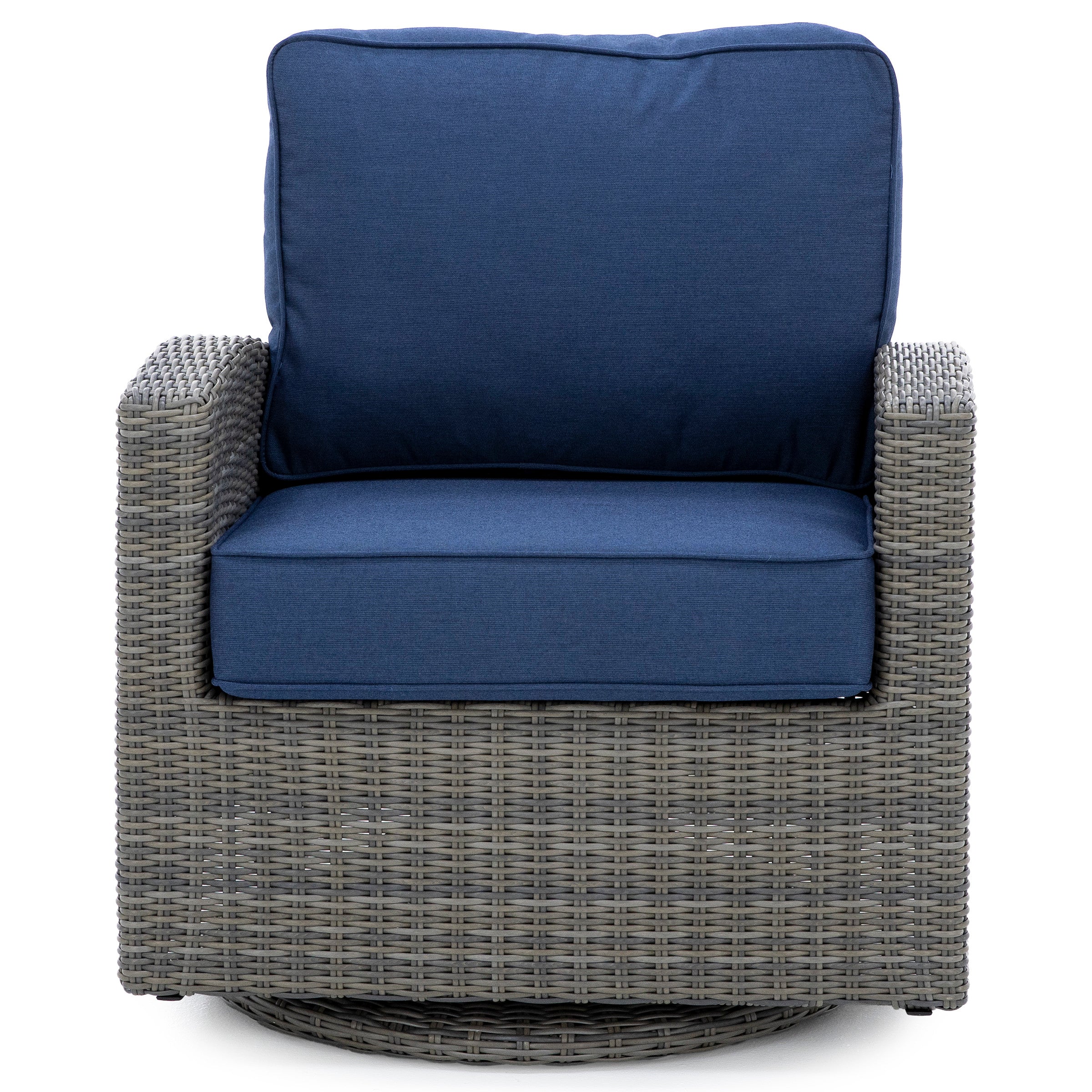 Wicker outdoor armchair with blue cushions.