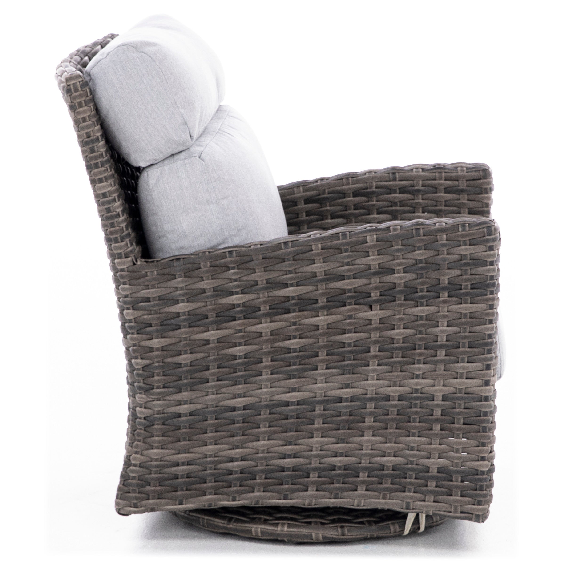 Side view of a wicker swivel chair with light gray cushions.