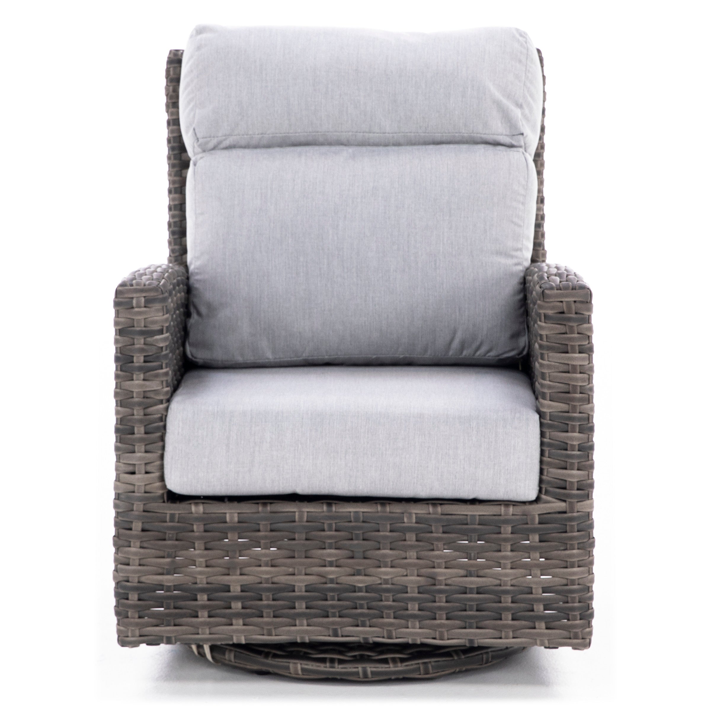 Woven outdoor lounge chair with light gray cushions.