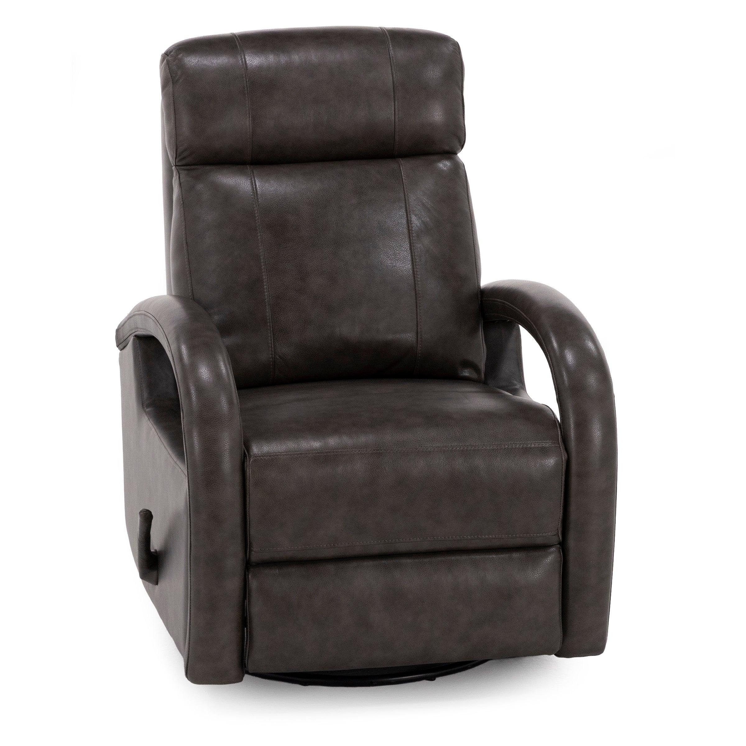 Dark brown leather recliner chair with curved padded arms.