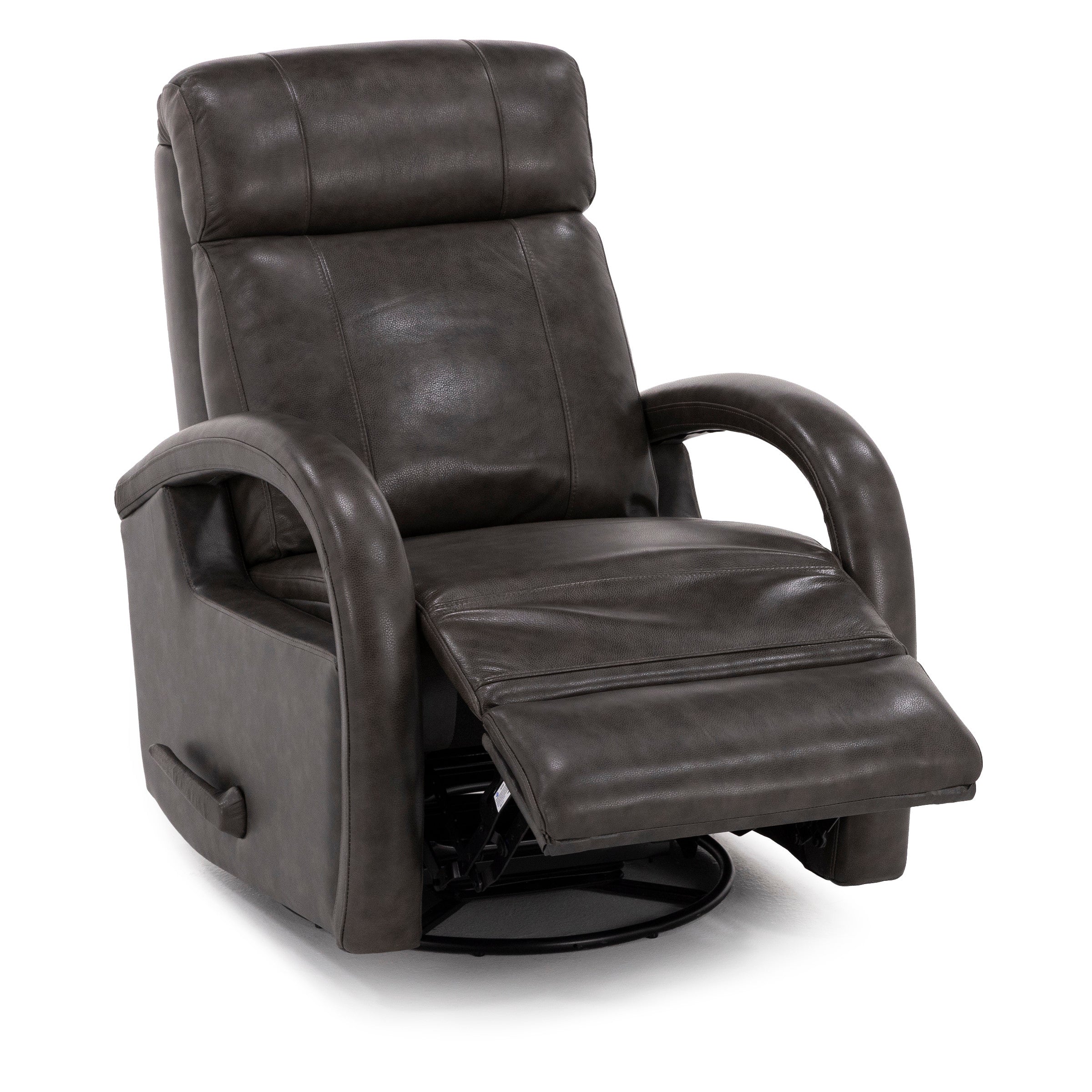 Dark brown leather recliner chair with extended footrest.