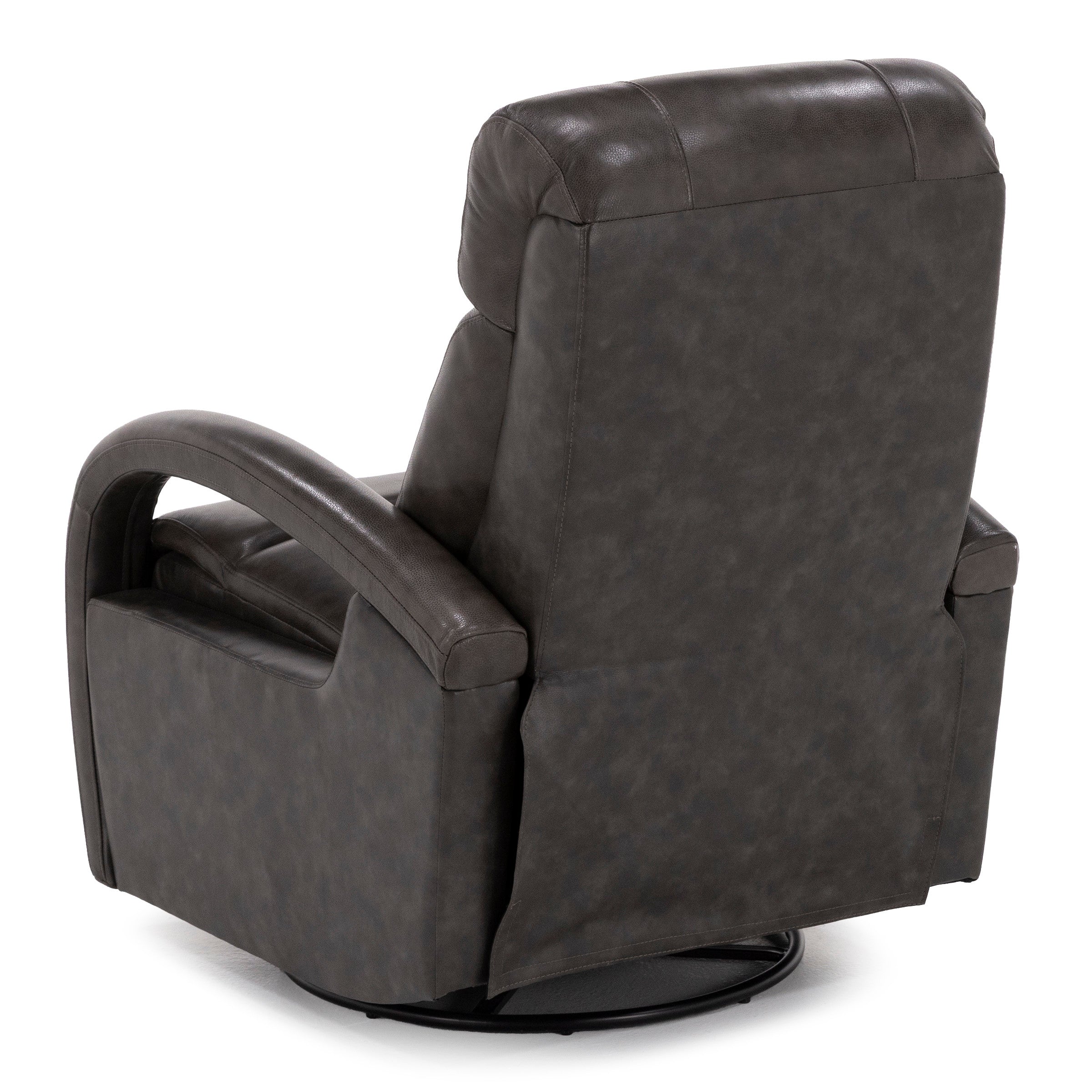 Back view of a dark brown leather swivel recliner chair.