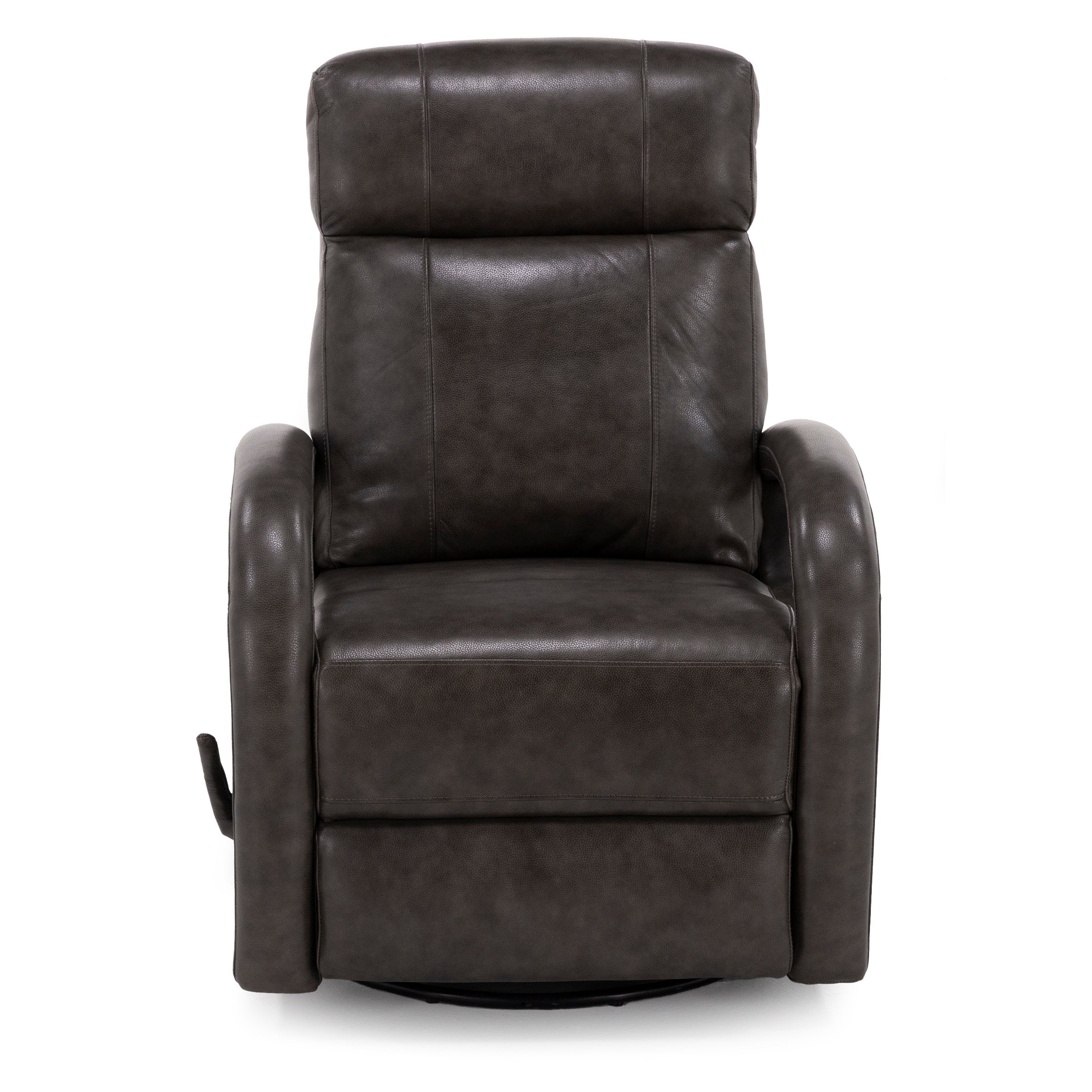 Front view of a dark brown leather recliner chair.
