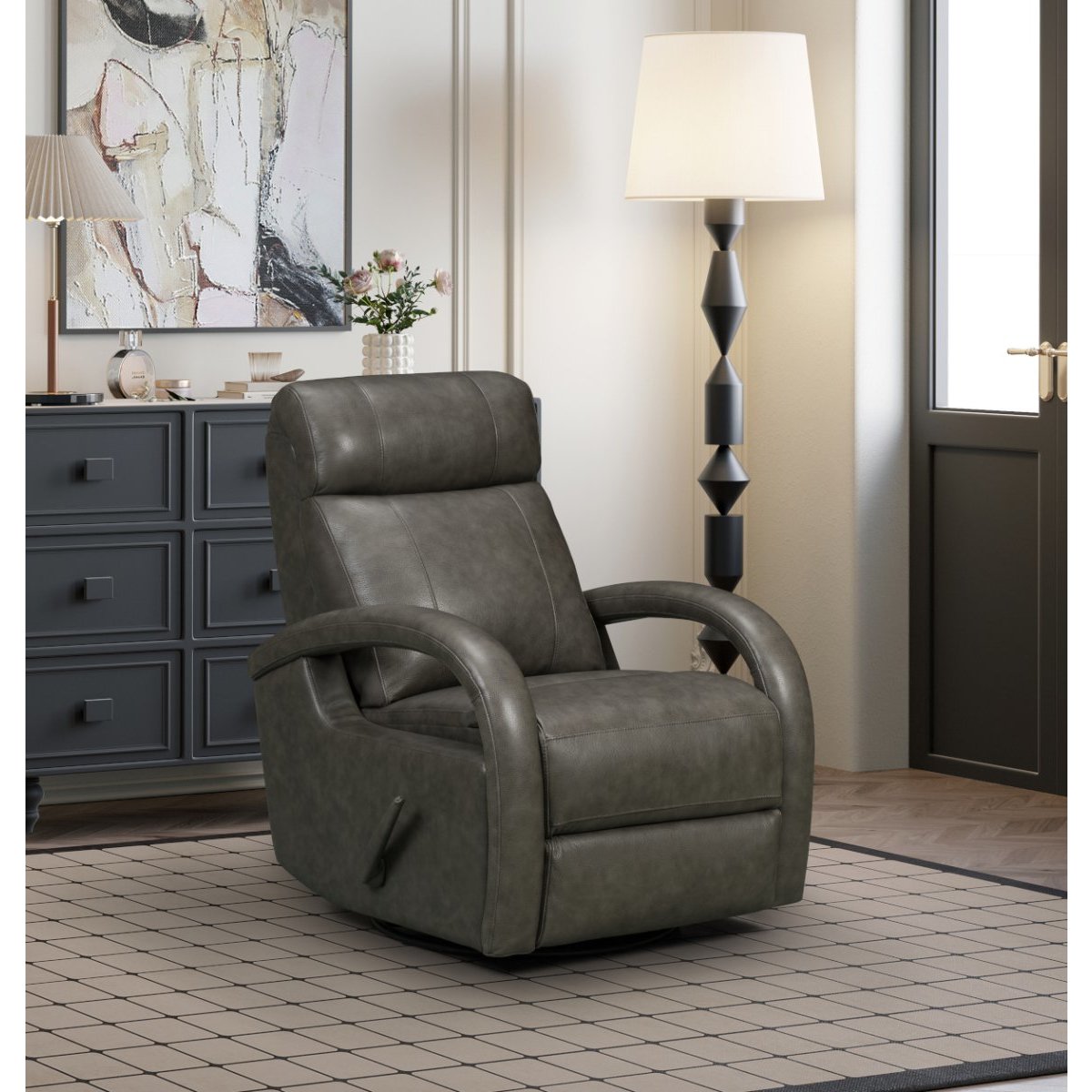 Gray leather recliner chair in a modern living room setting.