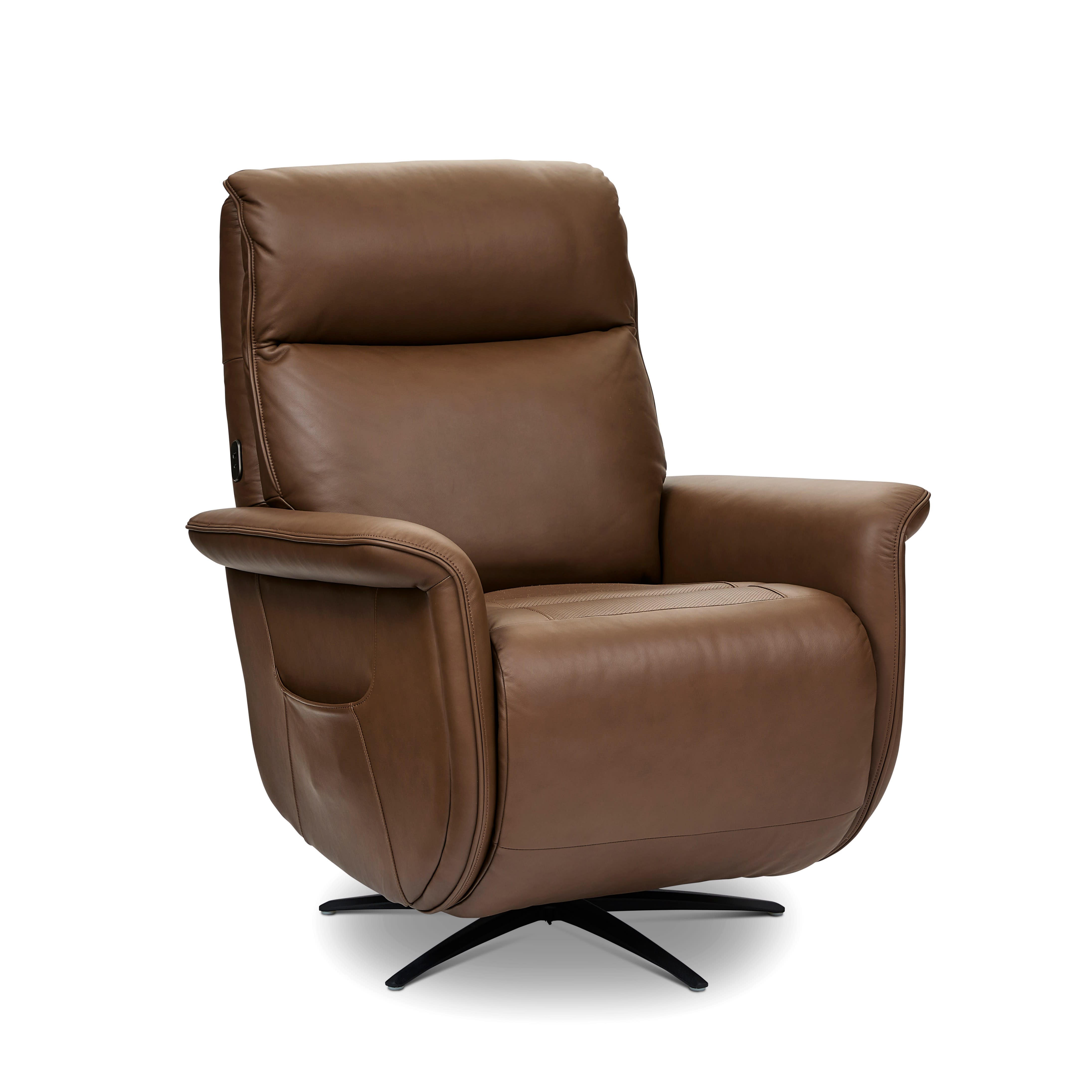 Brown leather recliner chair with side pocket and black swivel base.