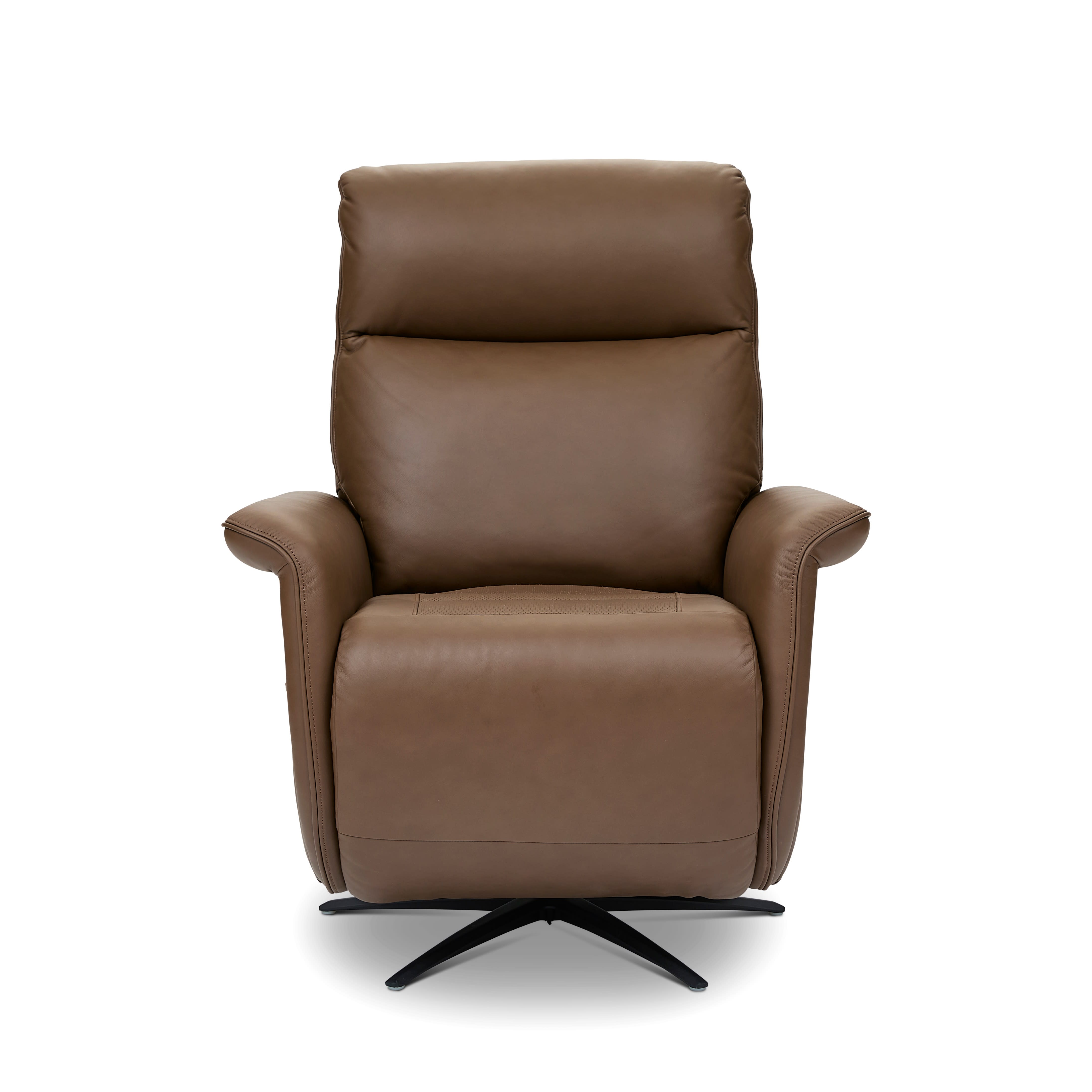 Brown leather recliner chair, front view on a white background.