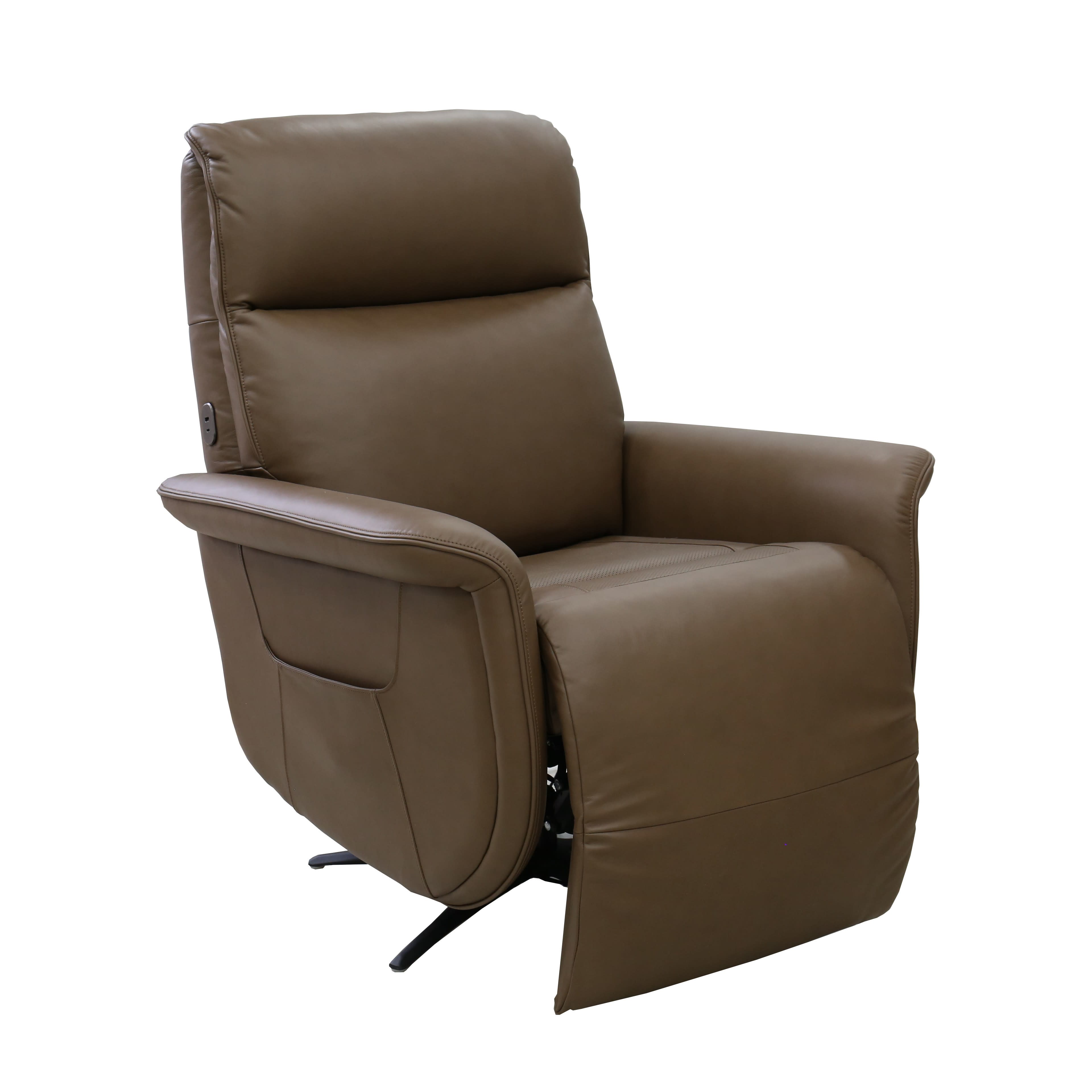 Brown leather recliner chair with padded armrests and backrest.