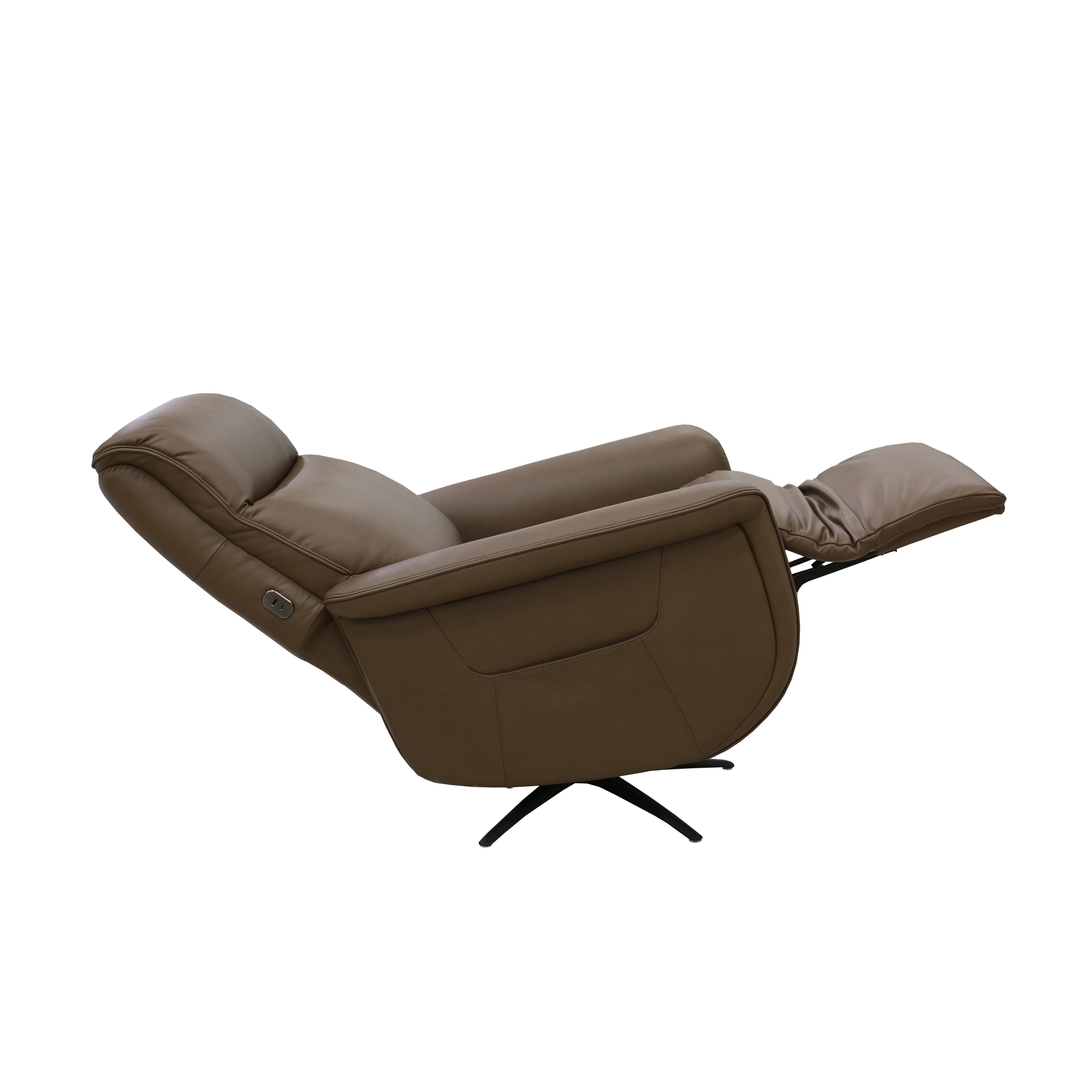 Recliner chair in brown leather, shown fully reclined with extended footrest.