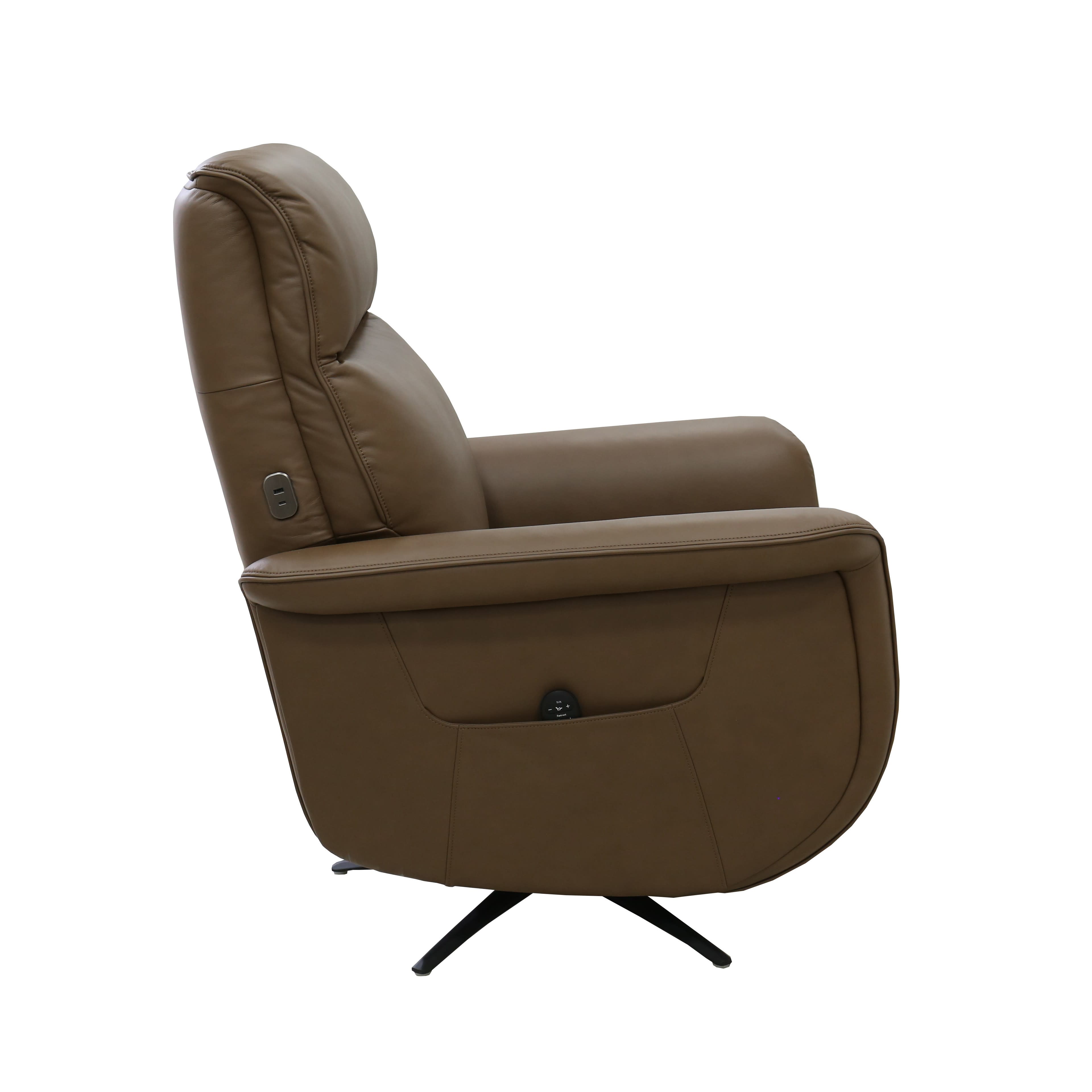 Side view of a brown leather recliner chair with modern design and swivel base.
