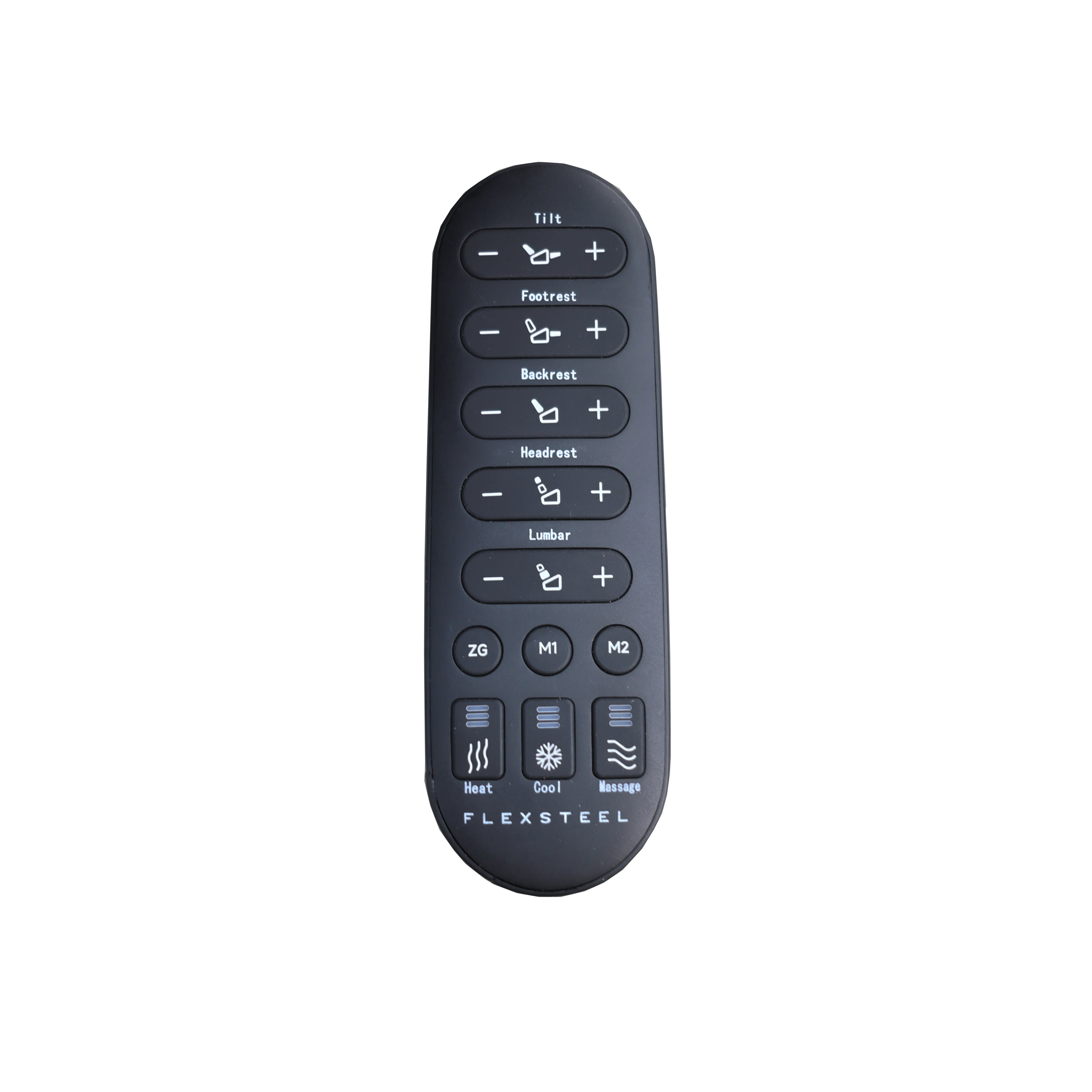 Black Flexsteel recliner remote with labeled buttons for tilt, footrest, backrest, and massage.