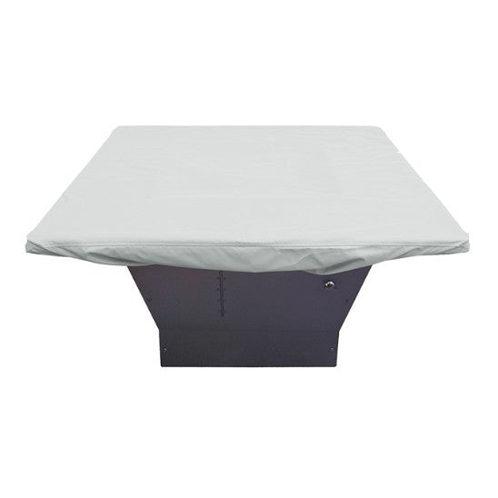 Square table with fitted white cover, viewed from the front.