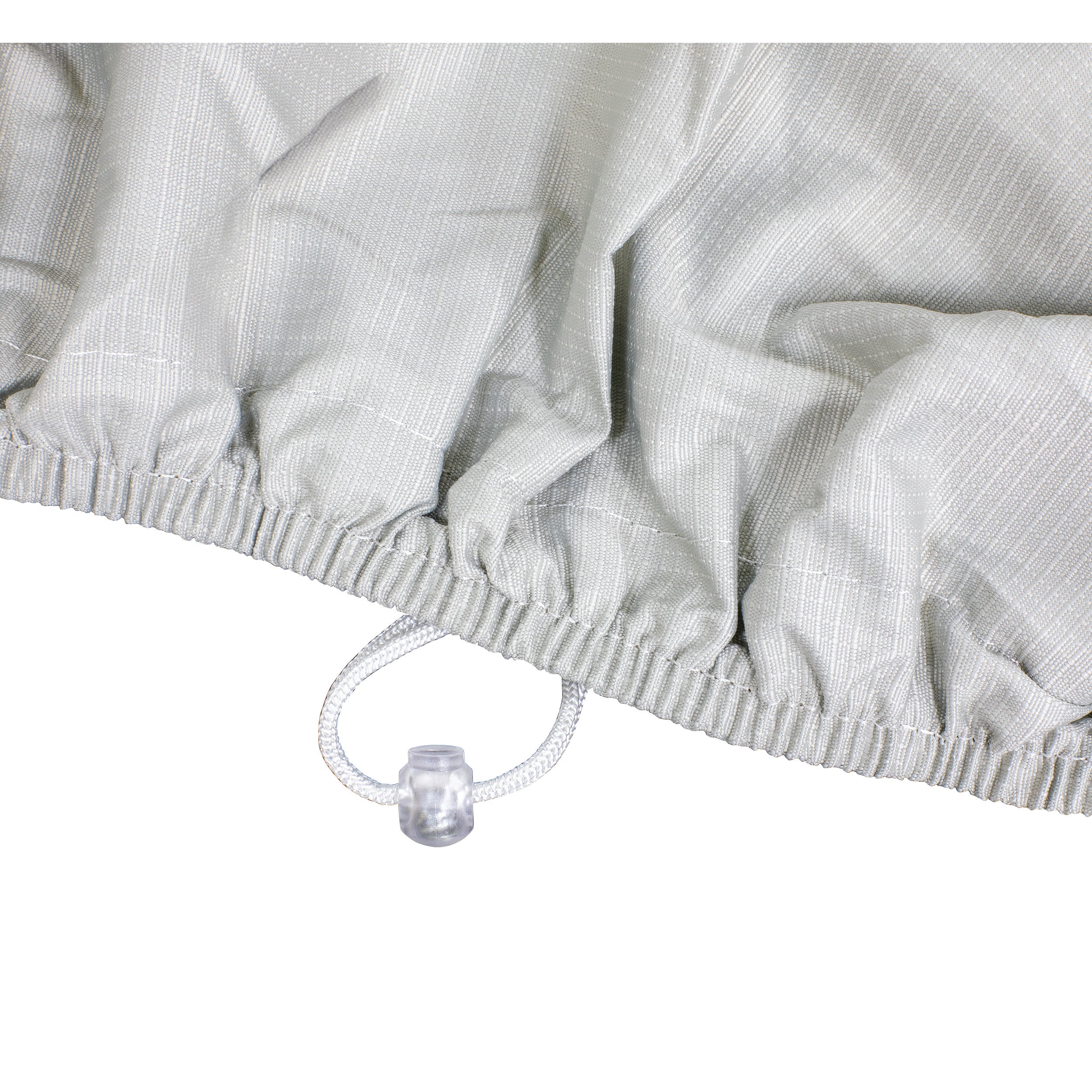 Close-up of a gray fabric with an adjustable drawstring and plastic toggle.