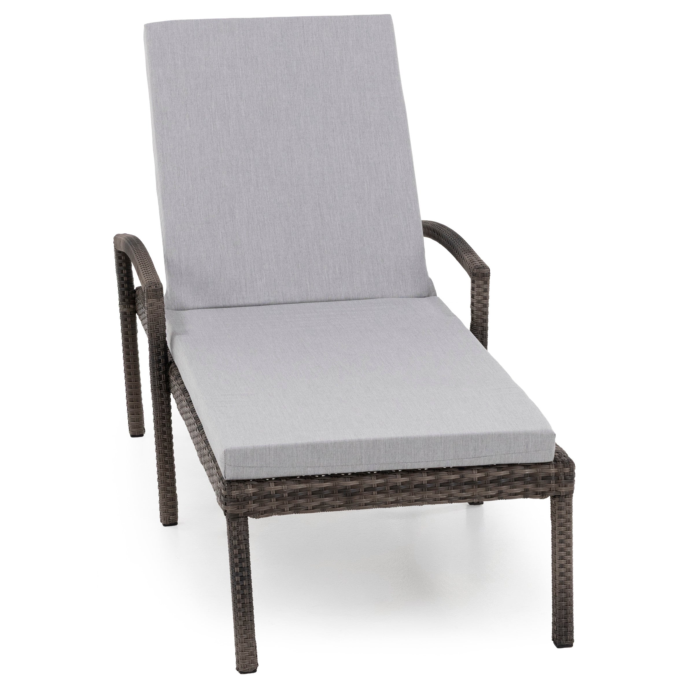 Wicker outdoor chaise lounge with light gray cushion.