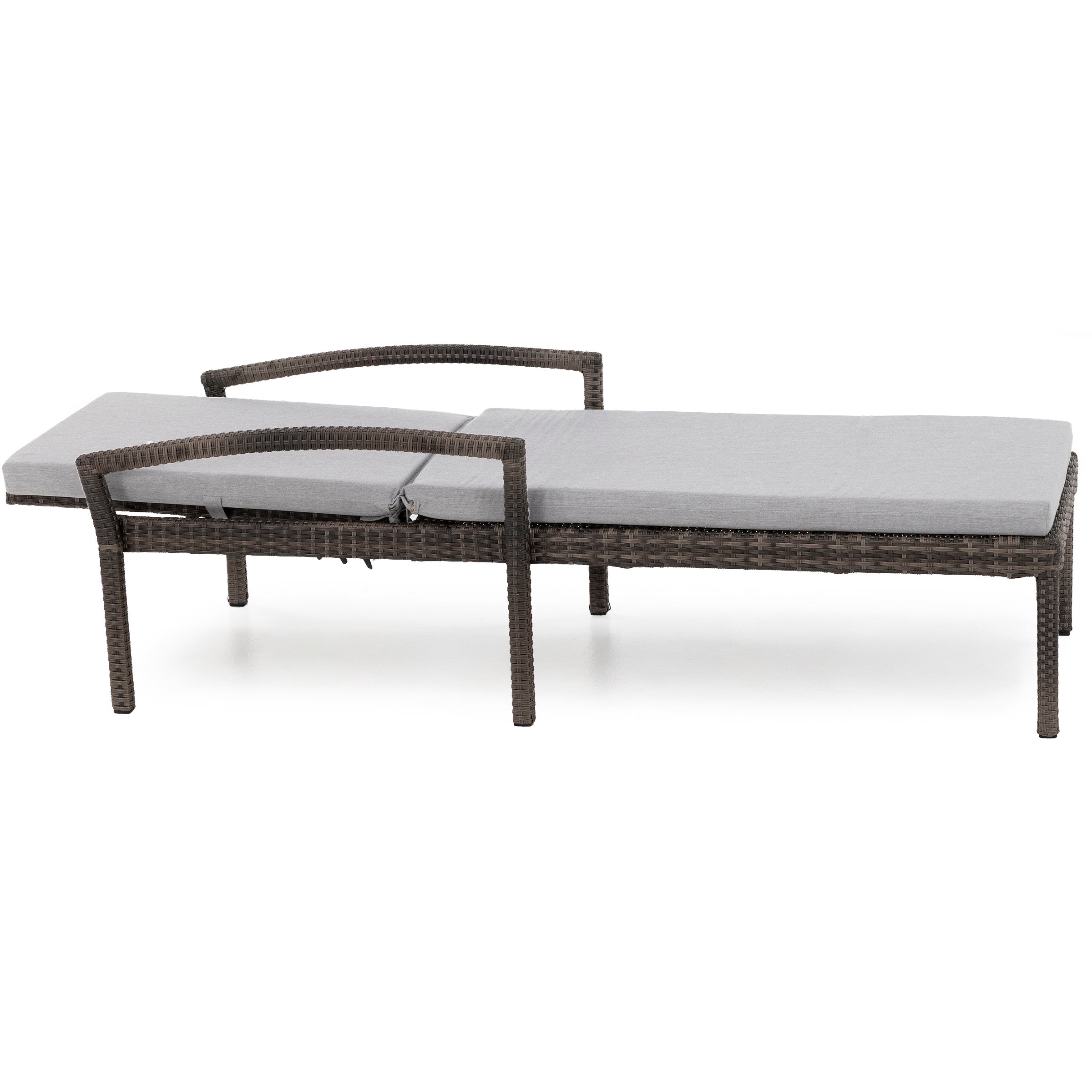 Brown wicker outdoor lounge chair with gray cushions, shown from the side.
