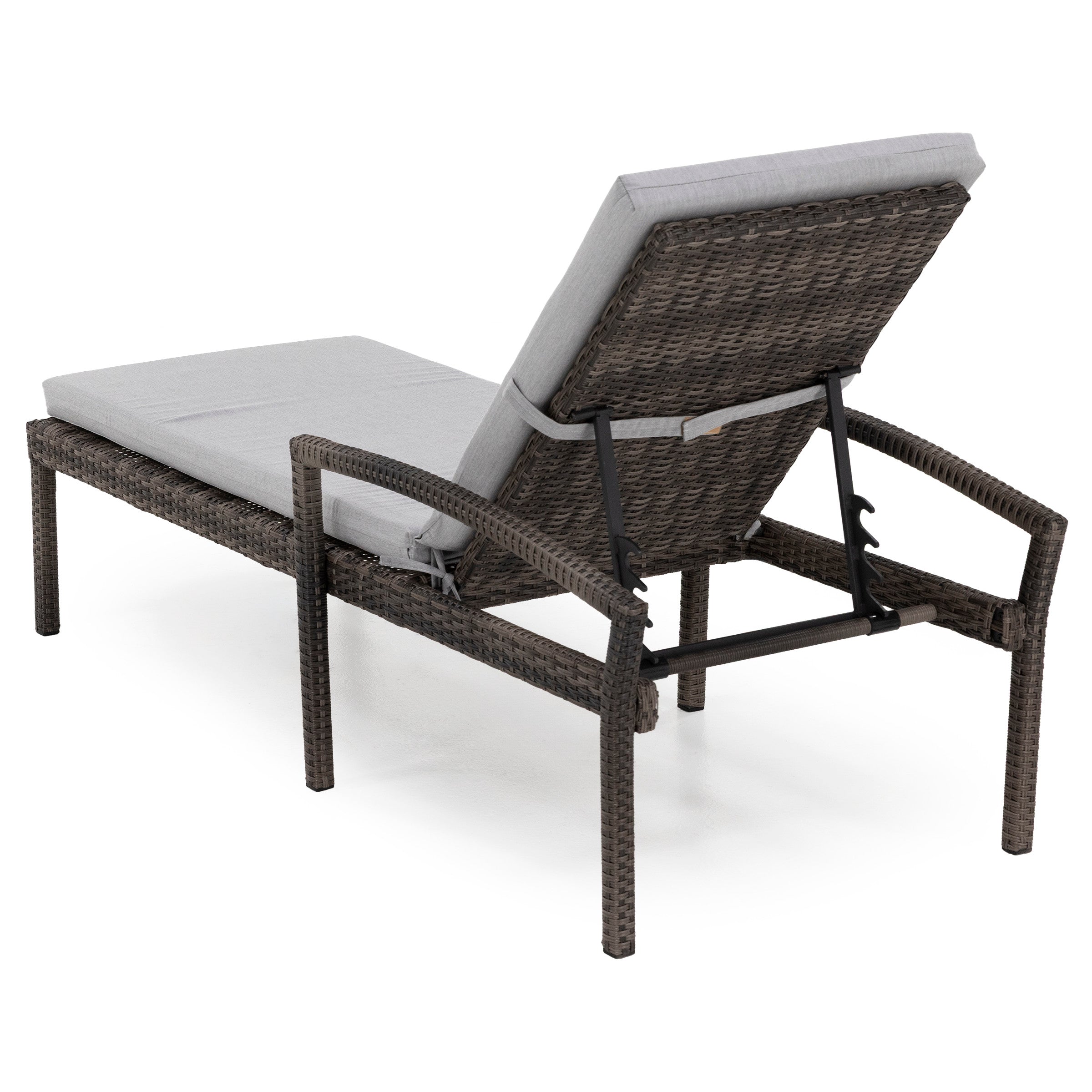 Outdoor wicker chaise lounge with adjustable backrest and gray cushion.
