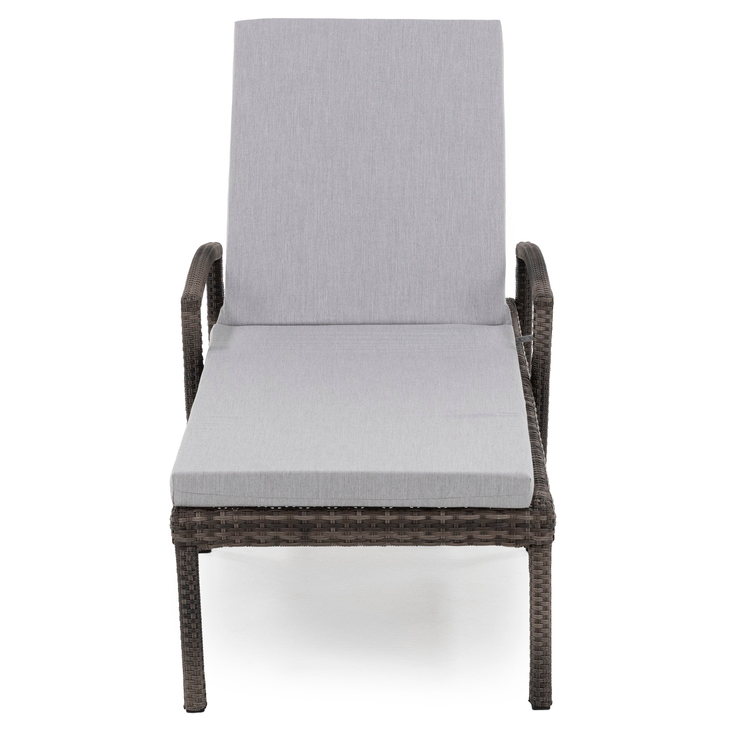 Wicker outdoor chaise lounge with grey cushion, shown from the front.