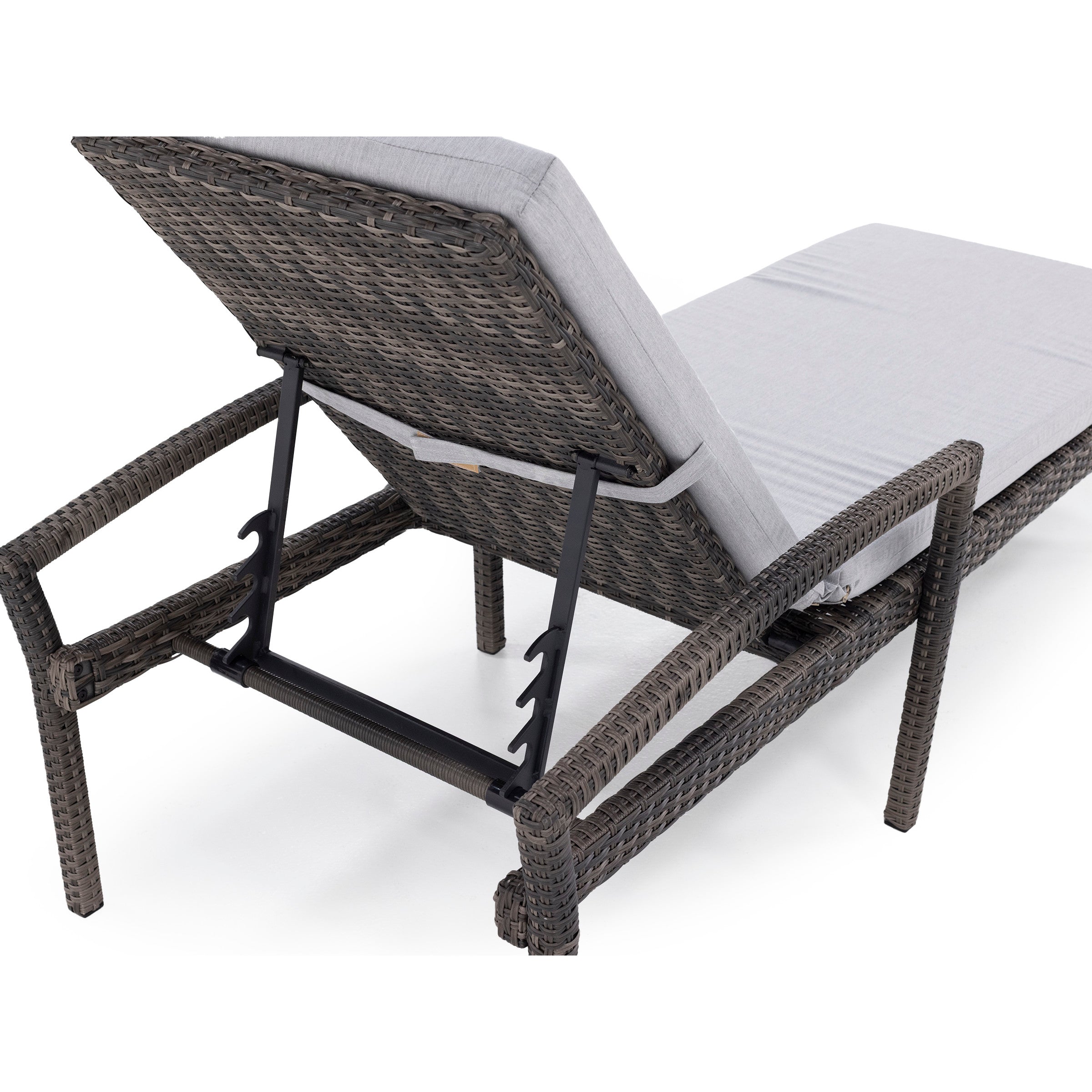 Adjustable wicker outdoor chaise lounge with light gray cushion