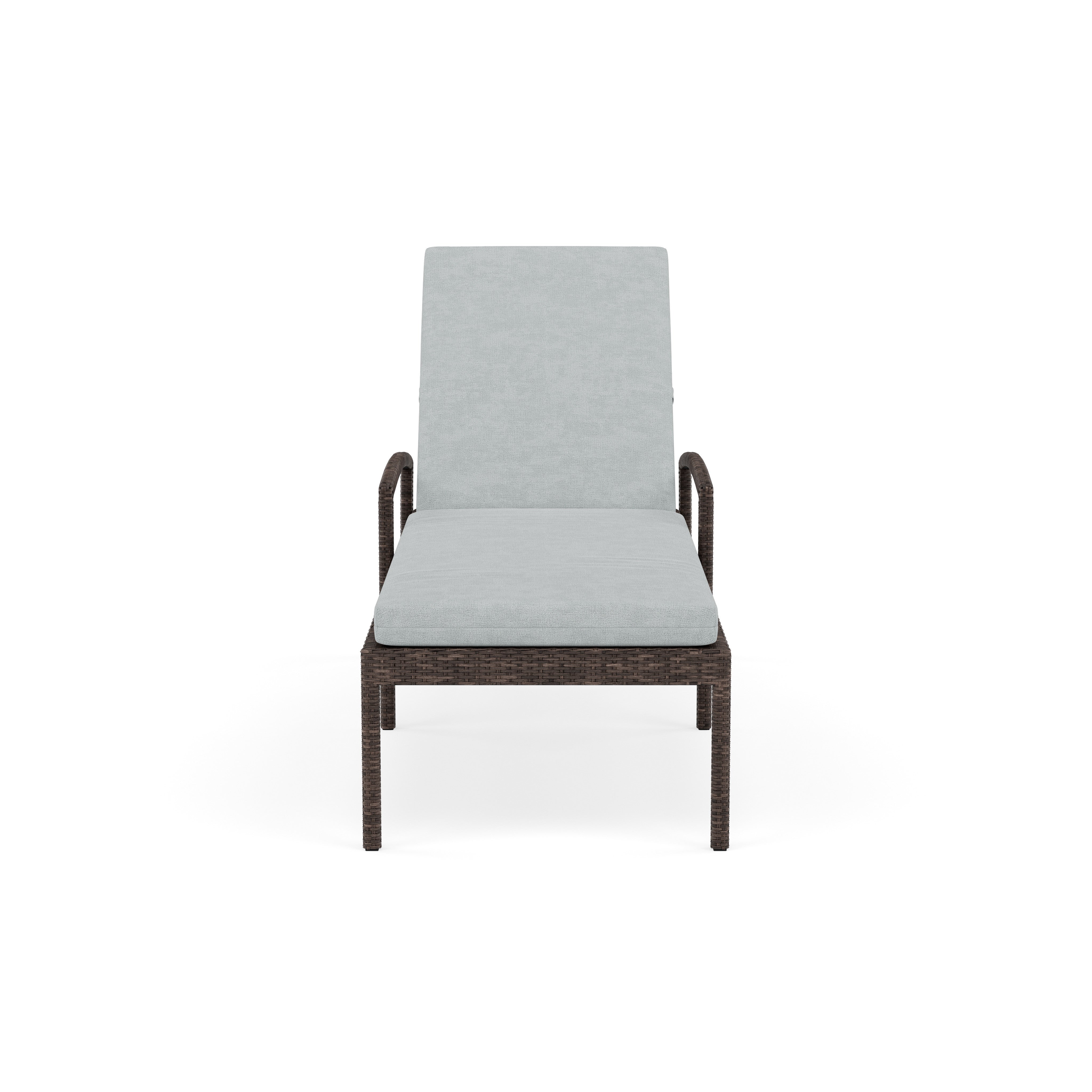 Front view of a brown wicker outdoor lounge chair with light gray cushions.