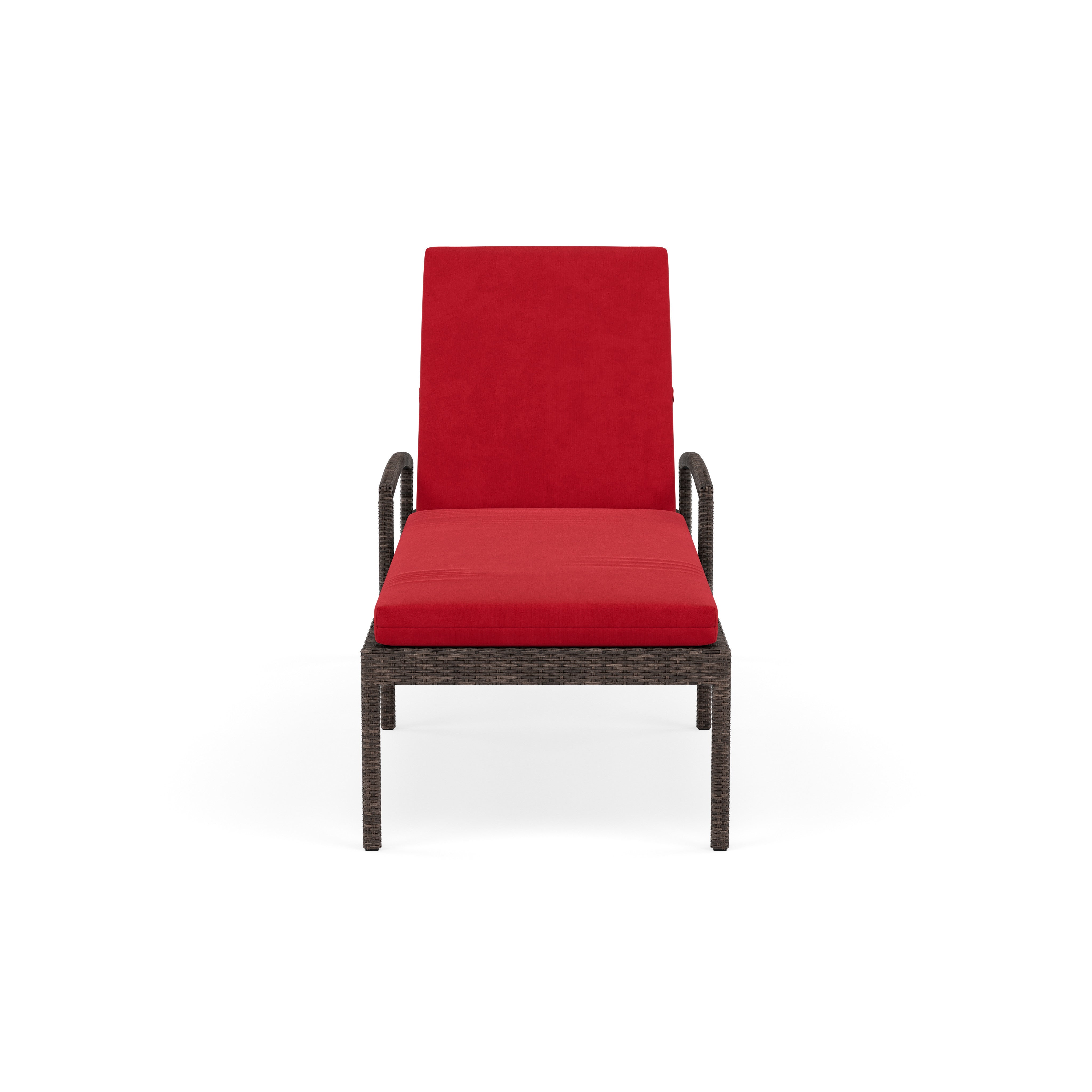 Front view of an outdoor lounge chair with red cushions and wicker frame.