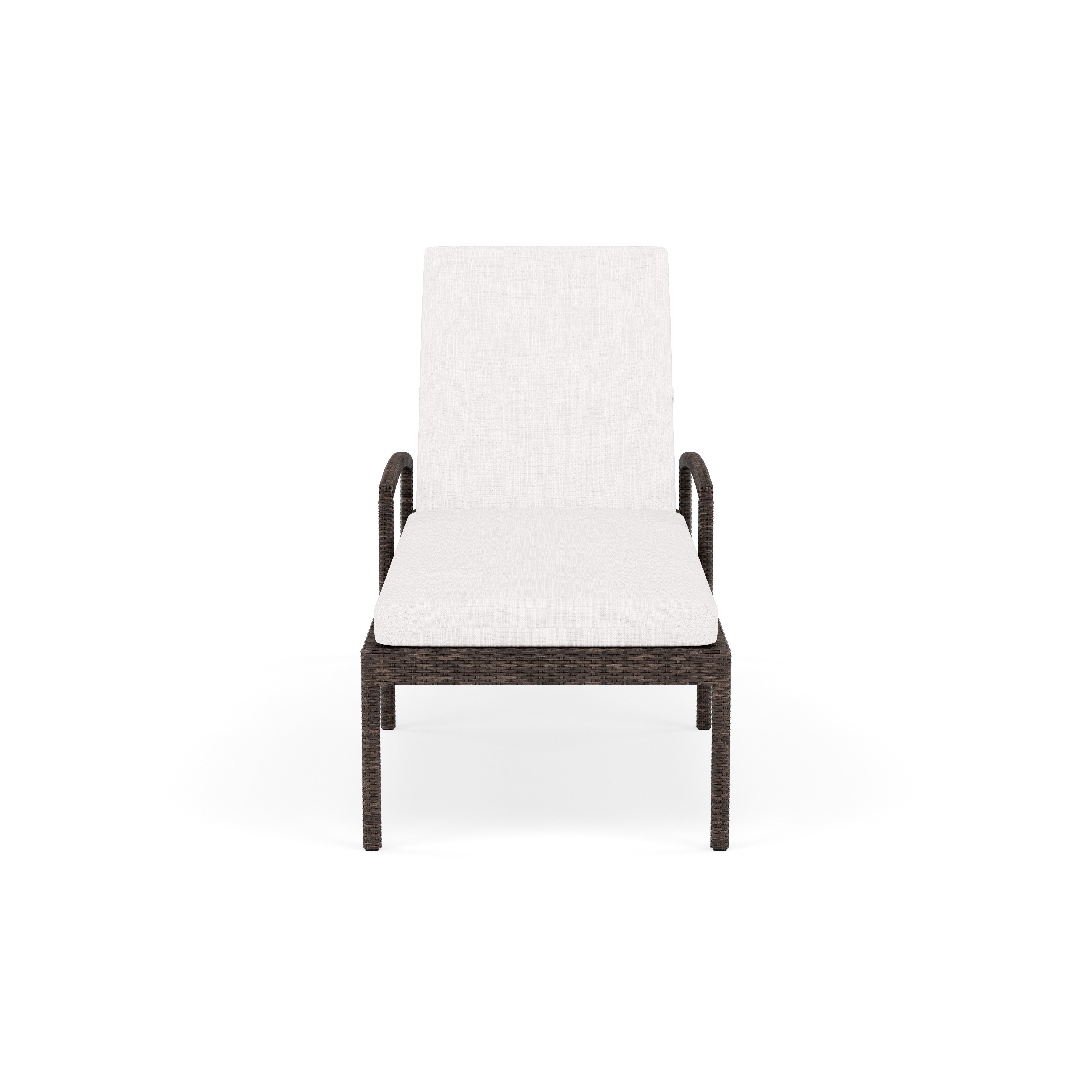 Front view of an outdoor lounge chair with white cushions and dark wicker frame.