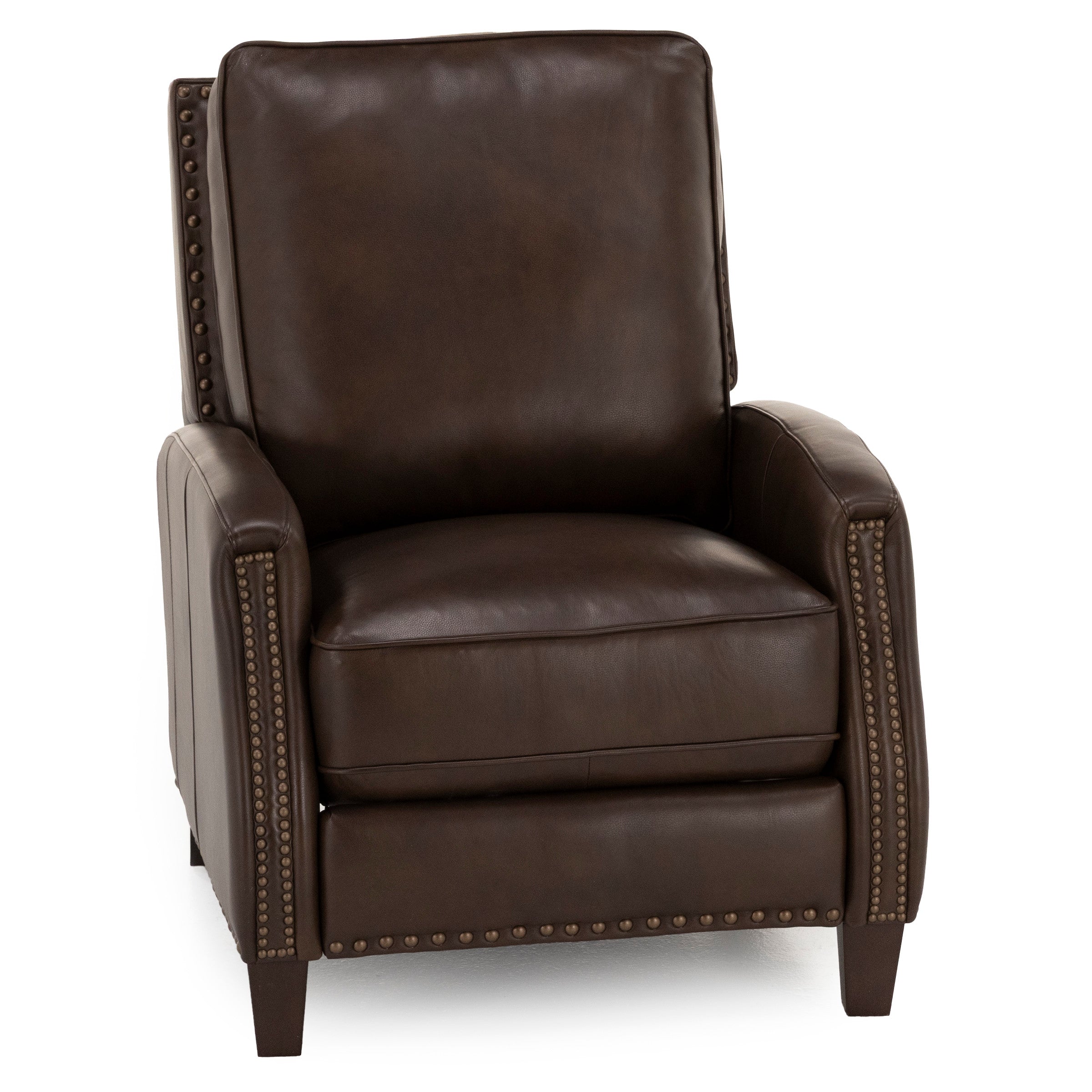 Dark brown leather armchair with nailhead trim, shown from the front.