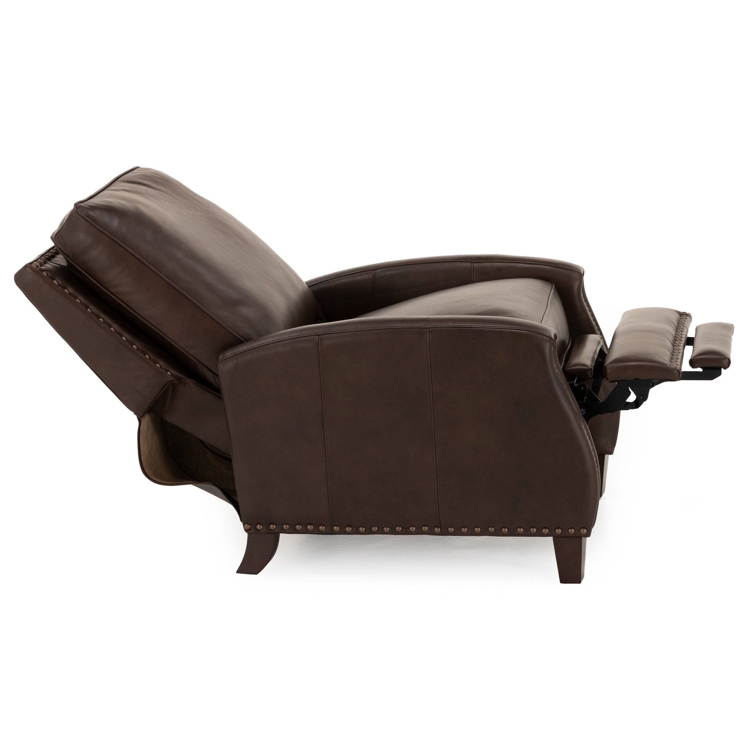 Side view of a brown leather recliner chair shown in a fully reclined position.