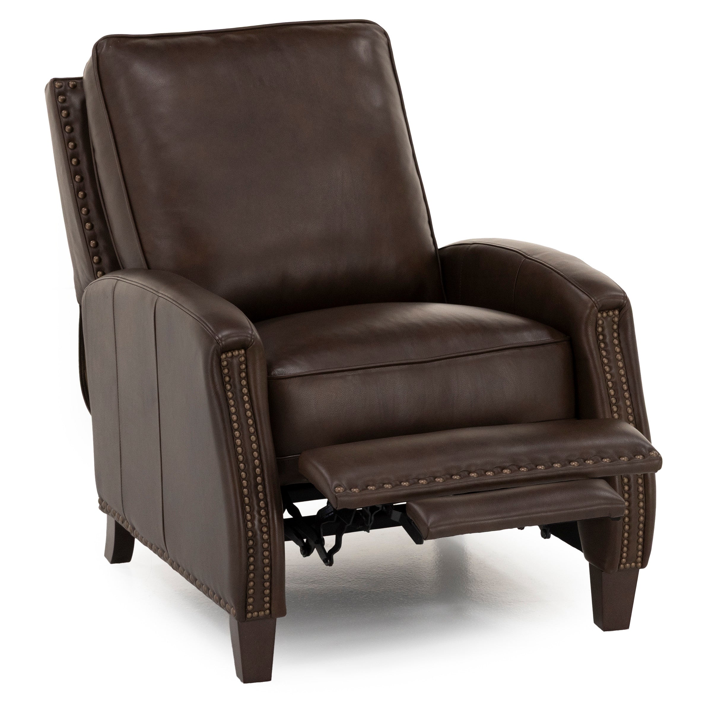 Brown leather recliner chair with nailhead trim and extended footrest.