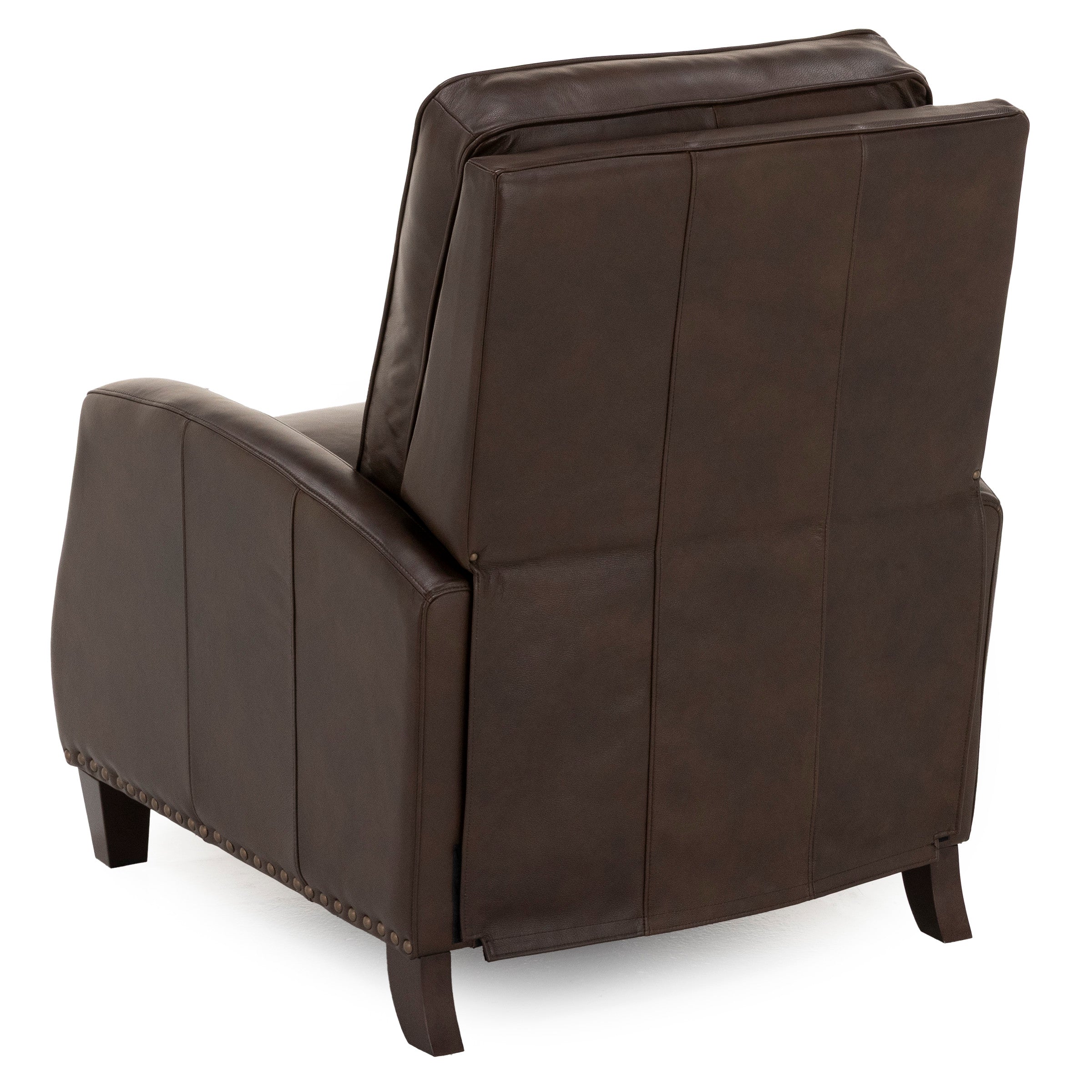 Back view of a brown leather recliner chair on wooden legs.