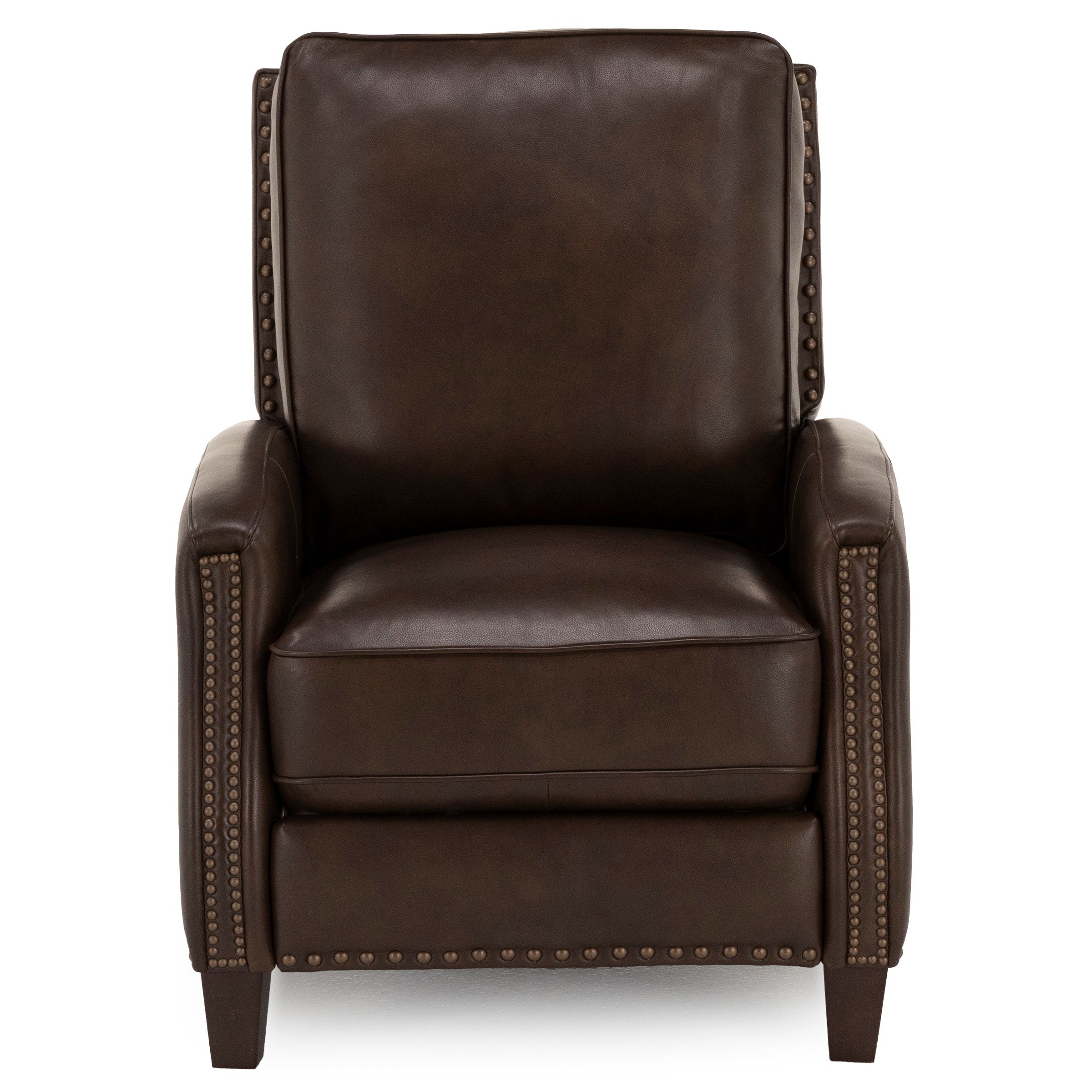 Dark brown leather armchair with nailhead trim, front view.