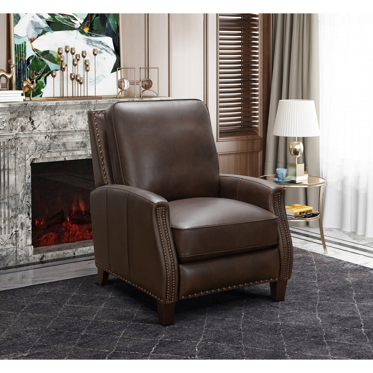Brown leather armchair in front of a marble fireplace, next to a lamp and round side table.