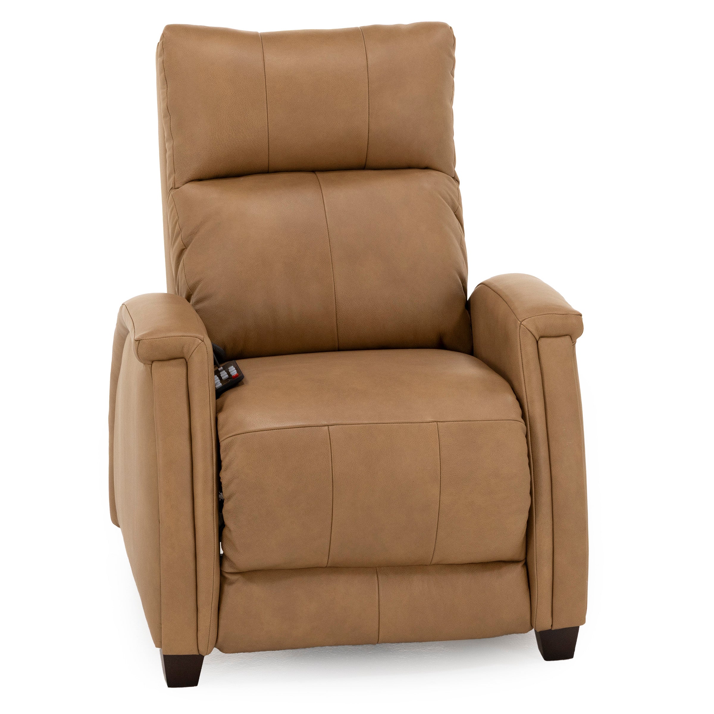 Tan leather recliner chair with remote in armrest, shown from the front.