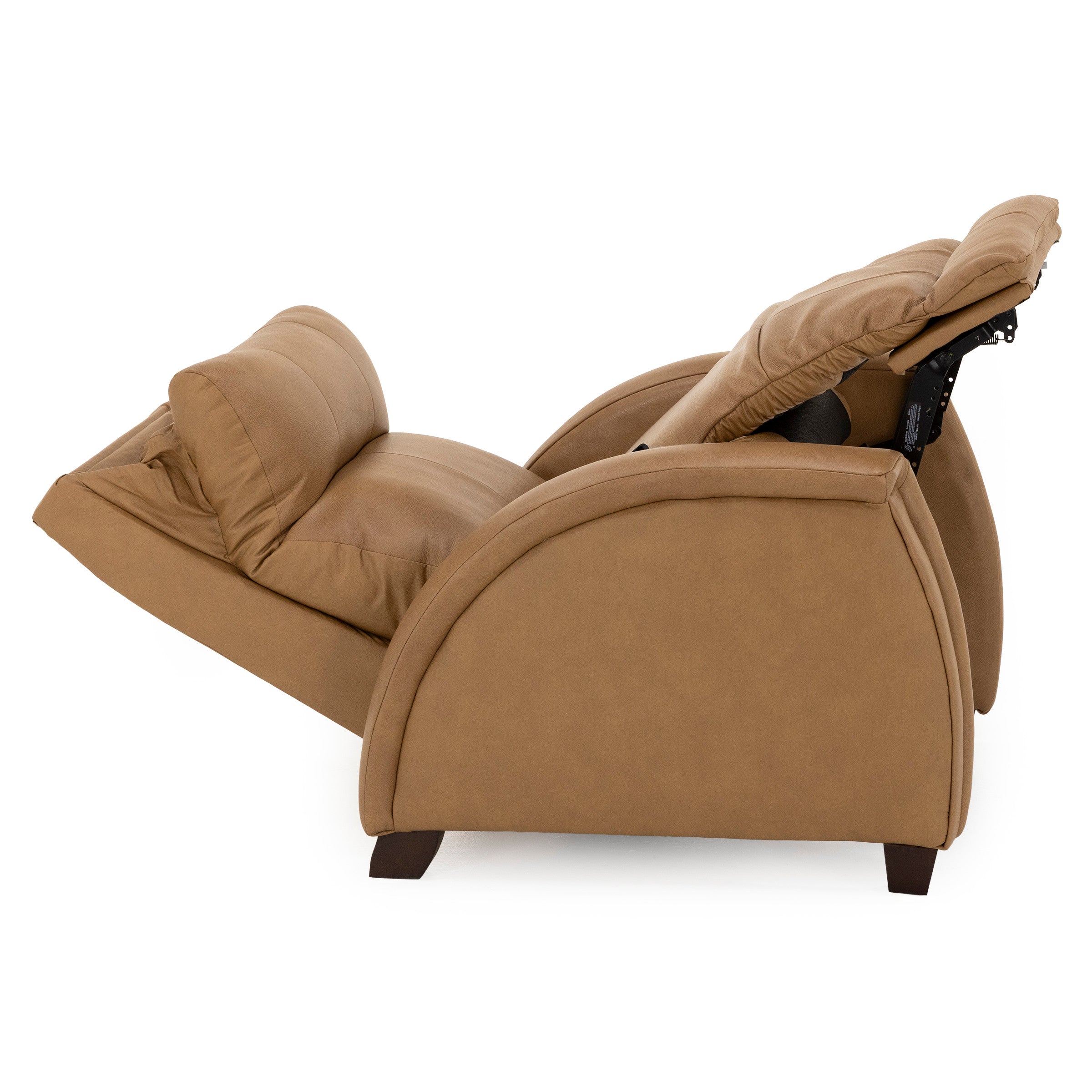 Side view of a tan reclining armchair fully extended.