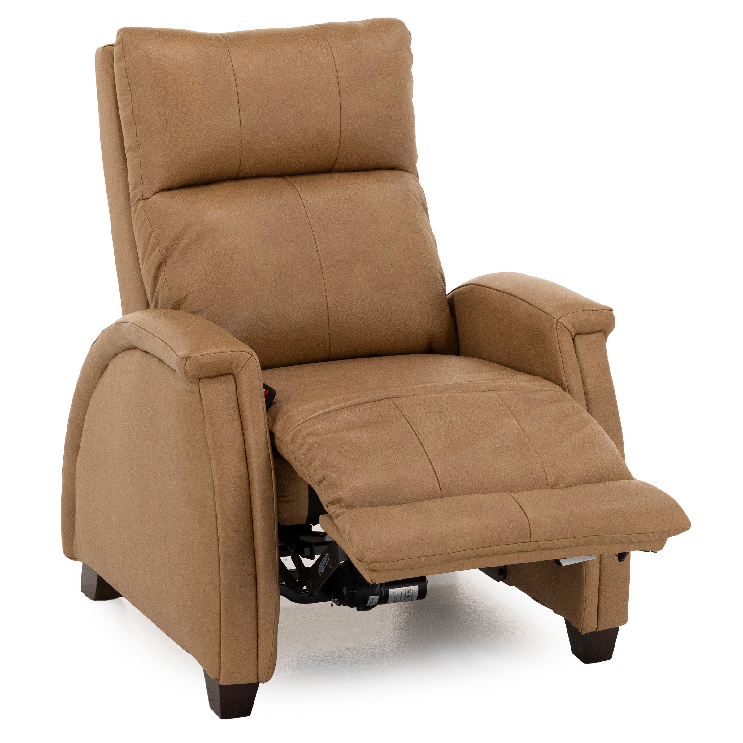 Tan leather recliner chair with extended footrest, shown at an angle.