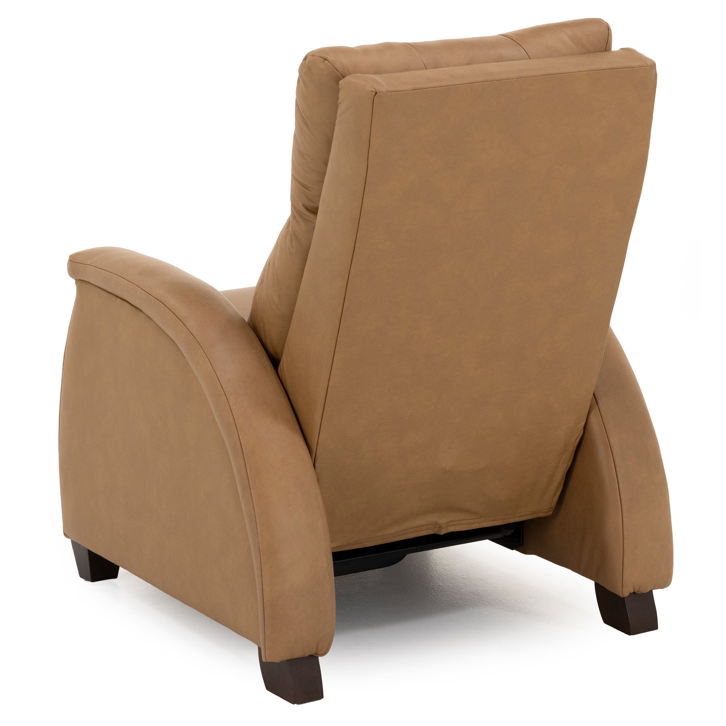 Back view of a tan recliner chair with dark wooden legs.