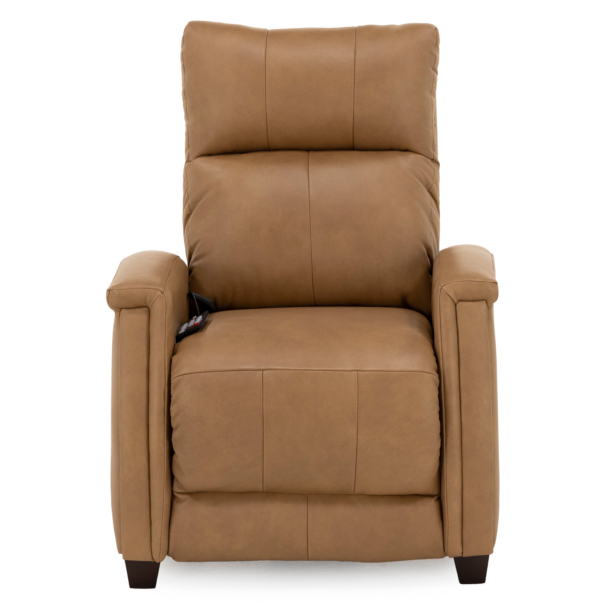 Brown leather recliner chair with remote, viewed from the front.
