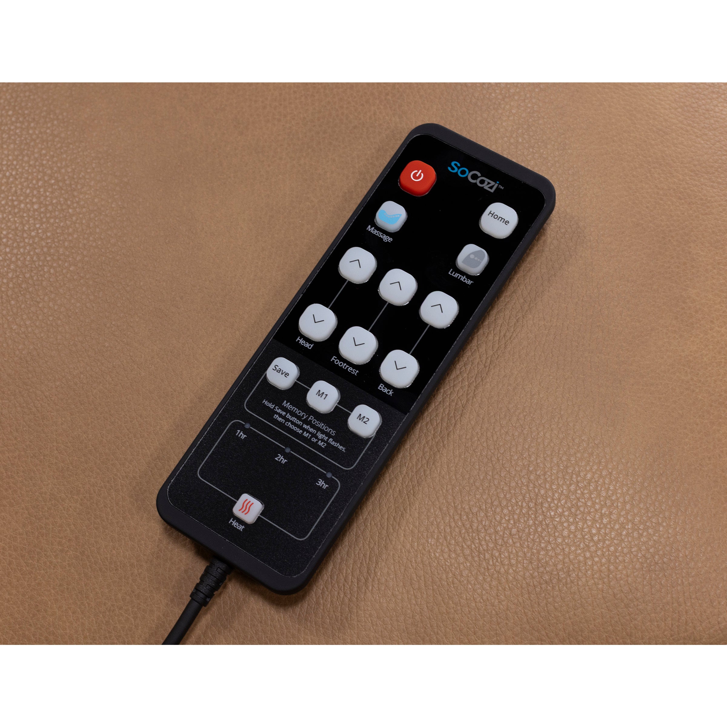 SoCozi recliner remote control with labeled buttons on a tan leather surface.