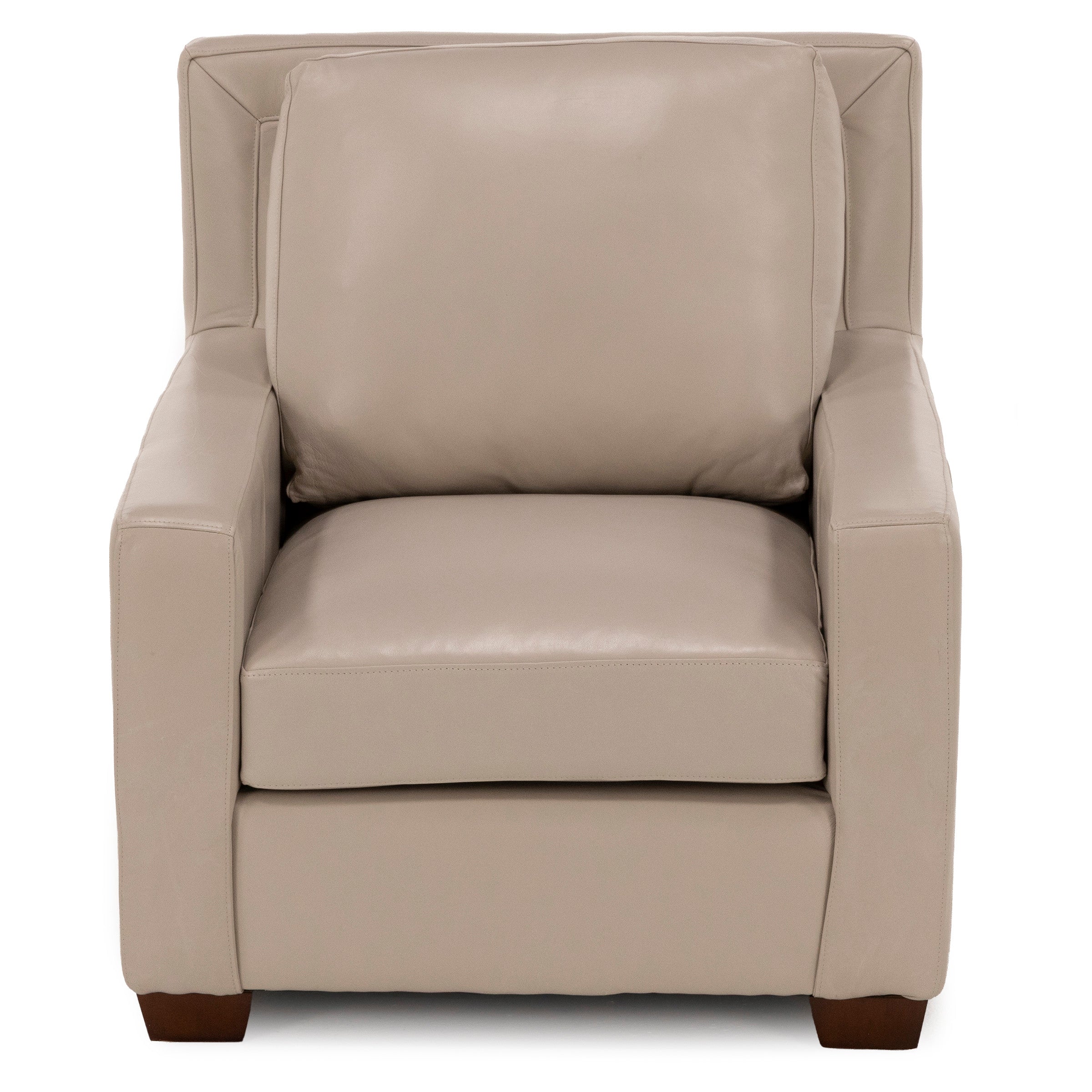 Beige leather armchair with square arms and wooden legs, viewed from the front.