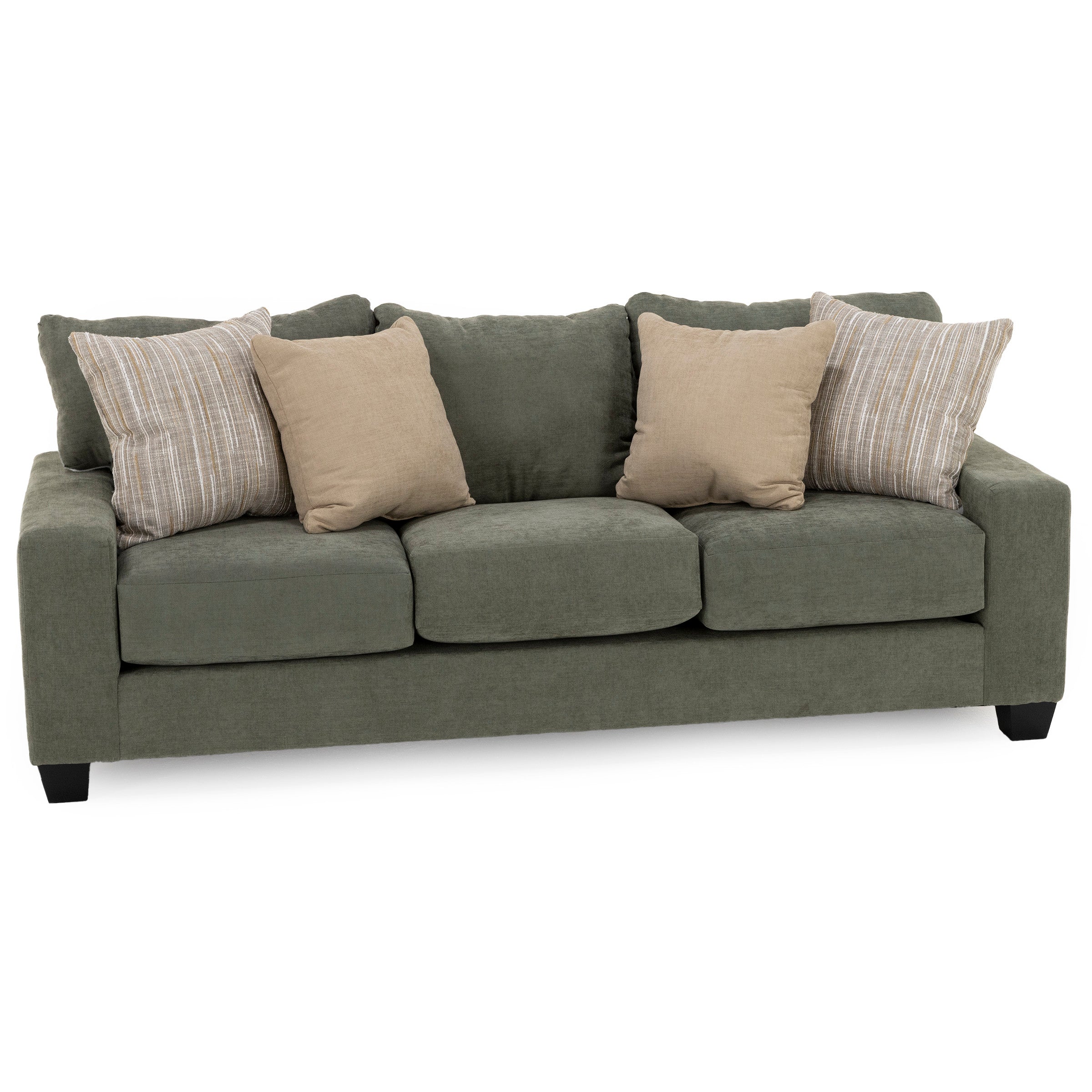 Green sofa with three seat cushions and five beige and patterned accent pillows.
