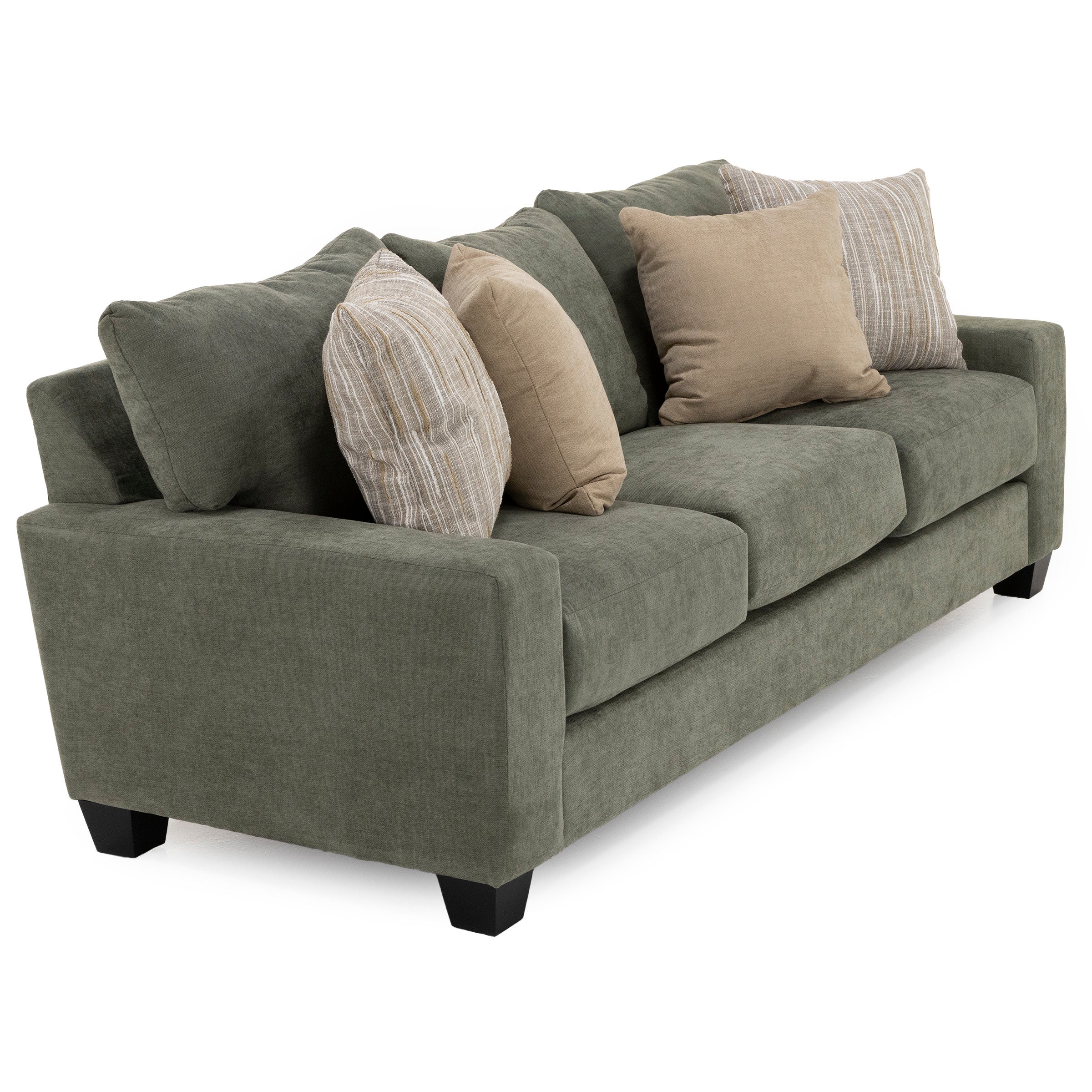 Green upholstered sofa with beige and striped pillows.