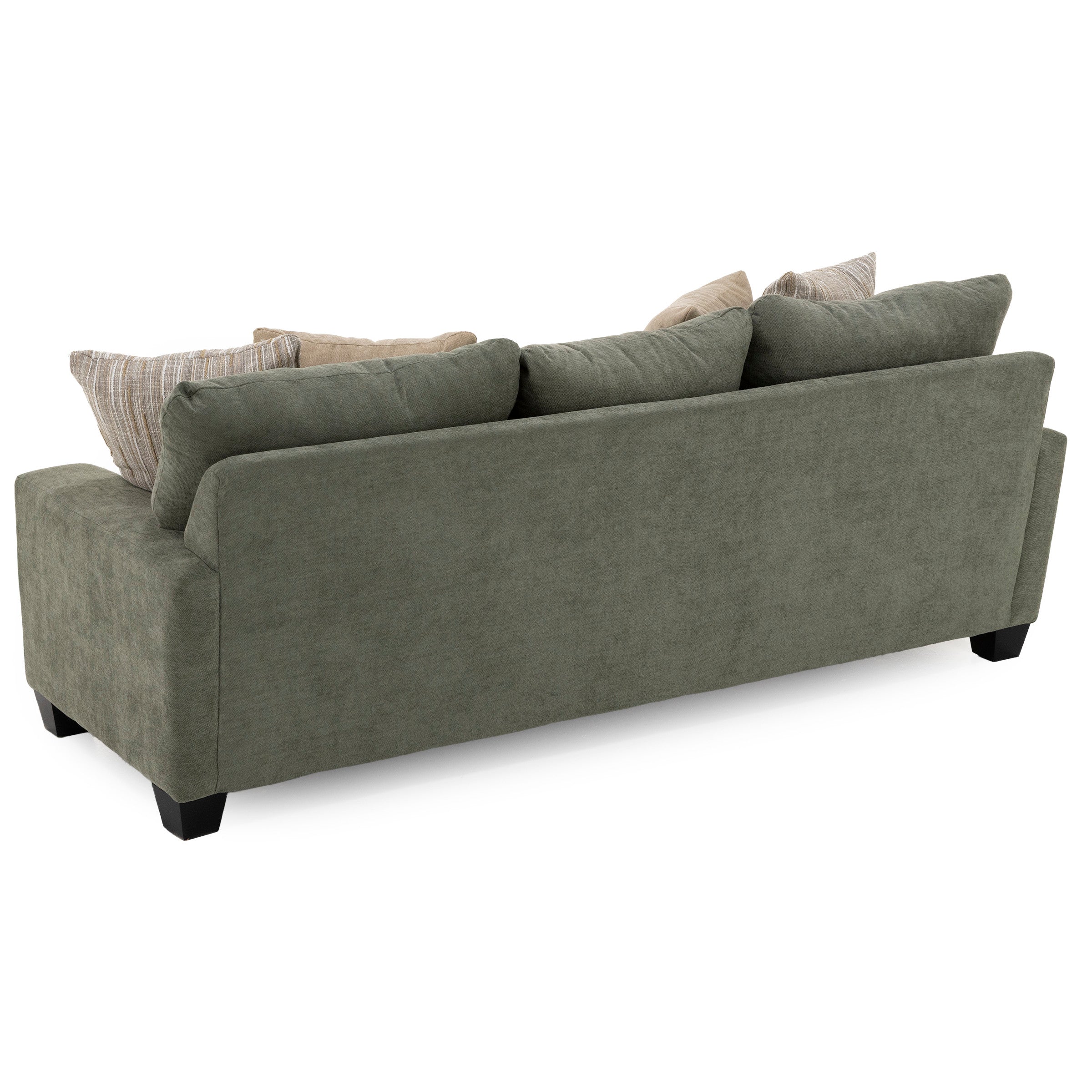 Back view of a green fabric sofa with assorted beige and striped pillows.