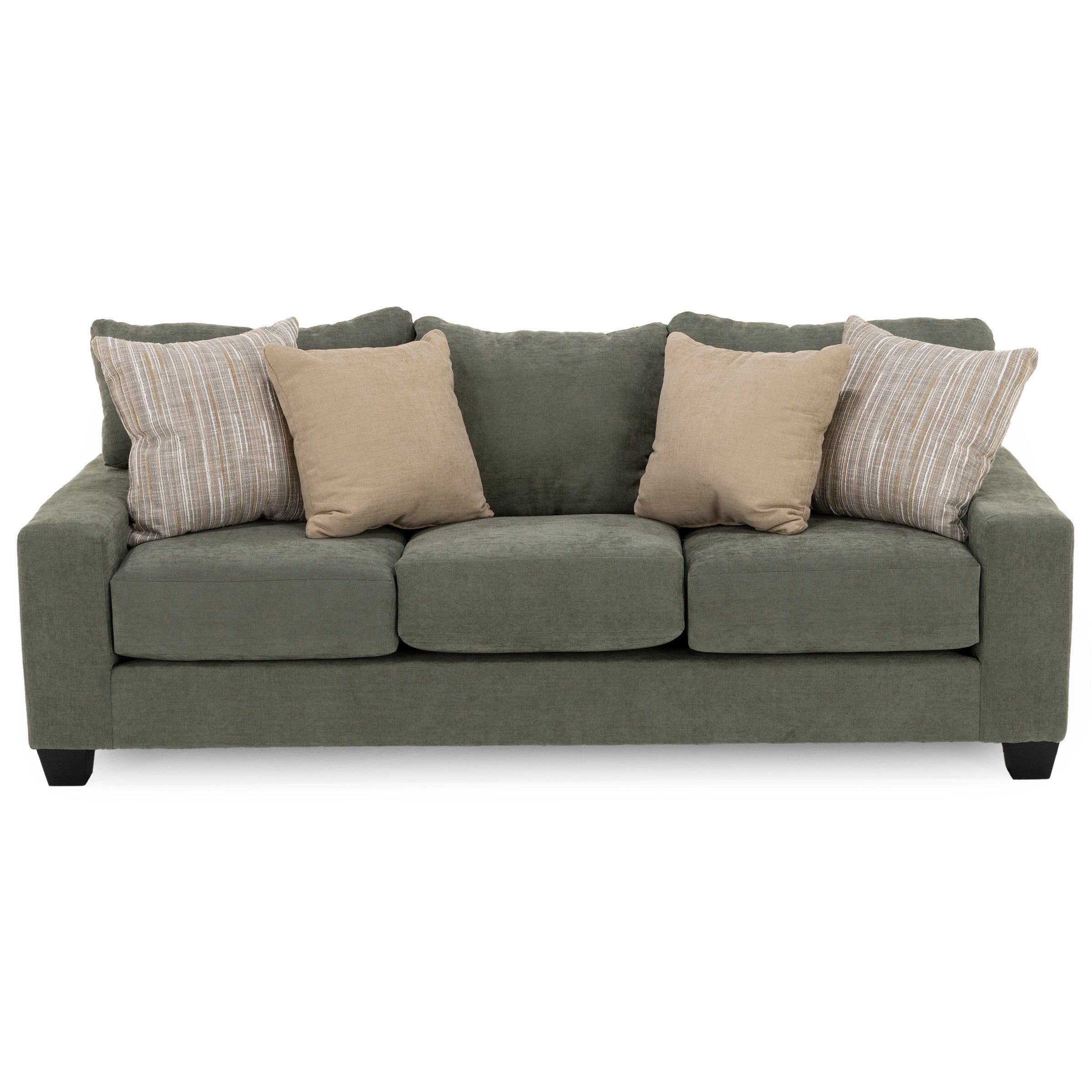 Olive green sofa with five beige and striped accent pillows.