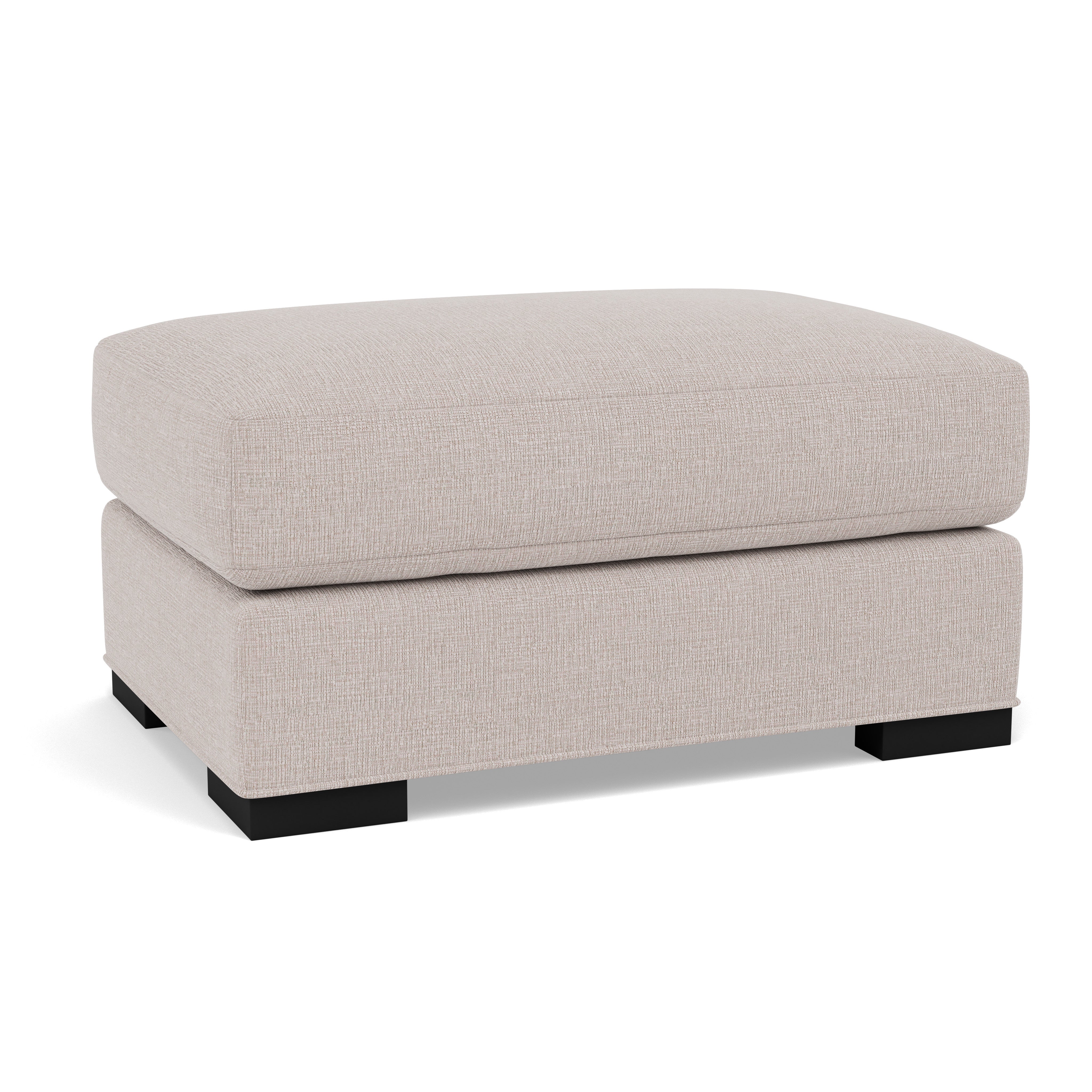 Light beige upholstered ottoman with block wood feet.