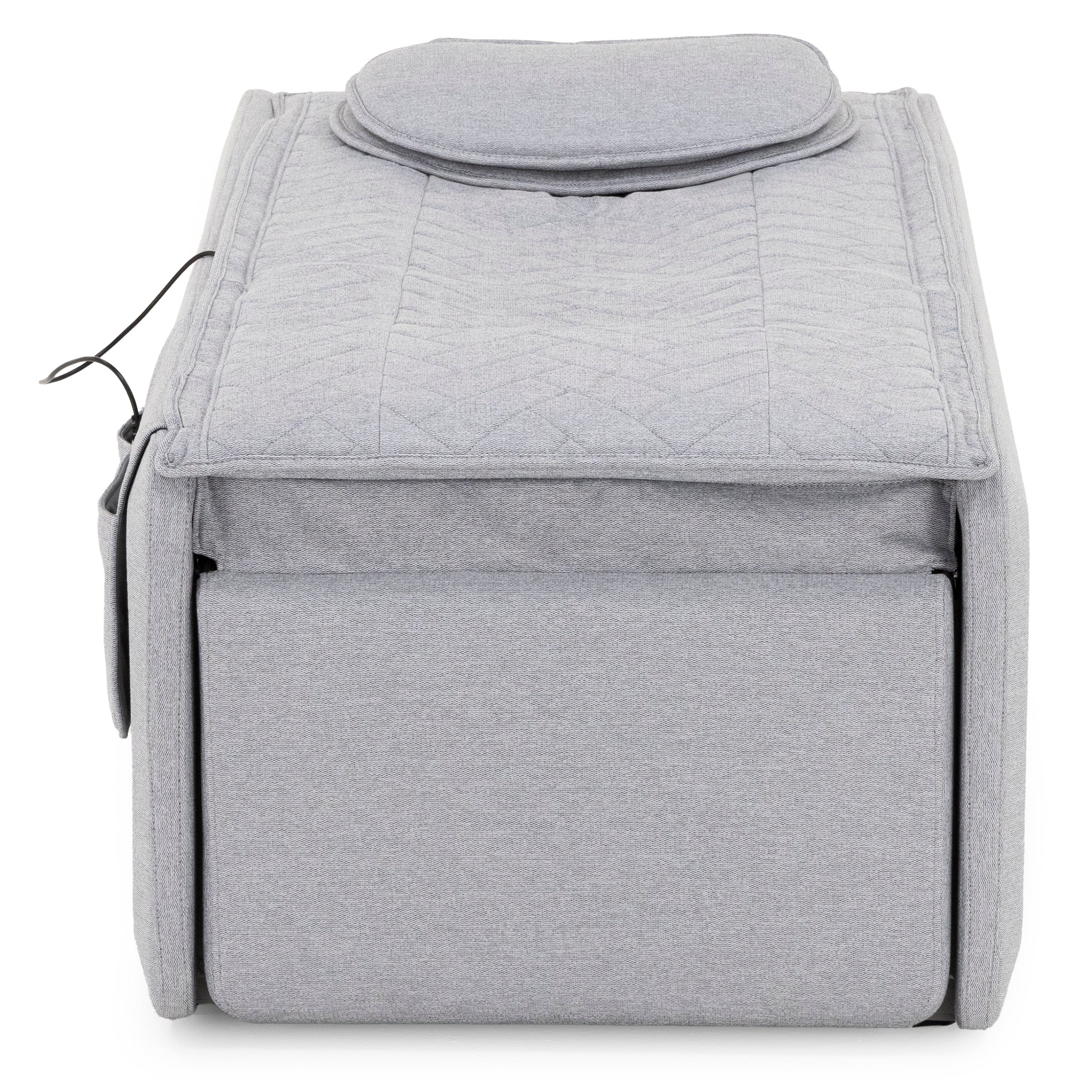 Light gray fabric storage ottoman with removable lid, shown from the front.