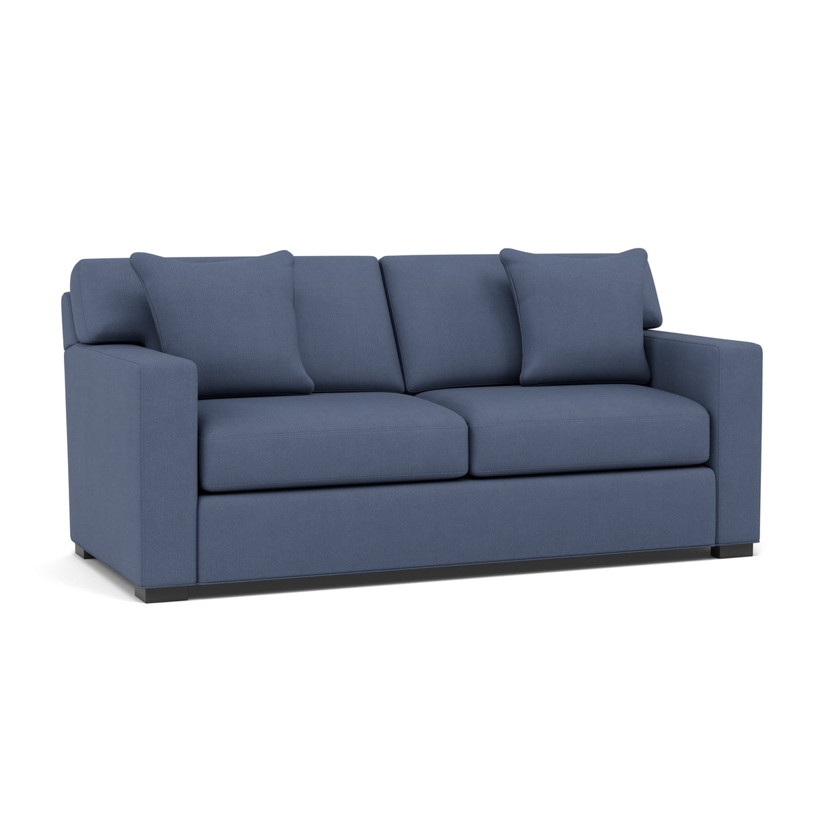 Blue upholstered sofa with square arms and three seat cushions.